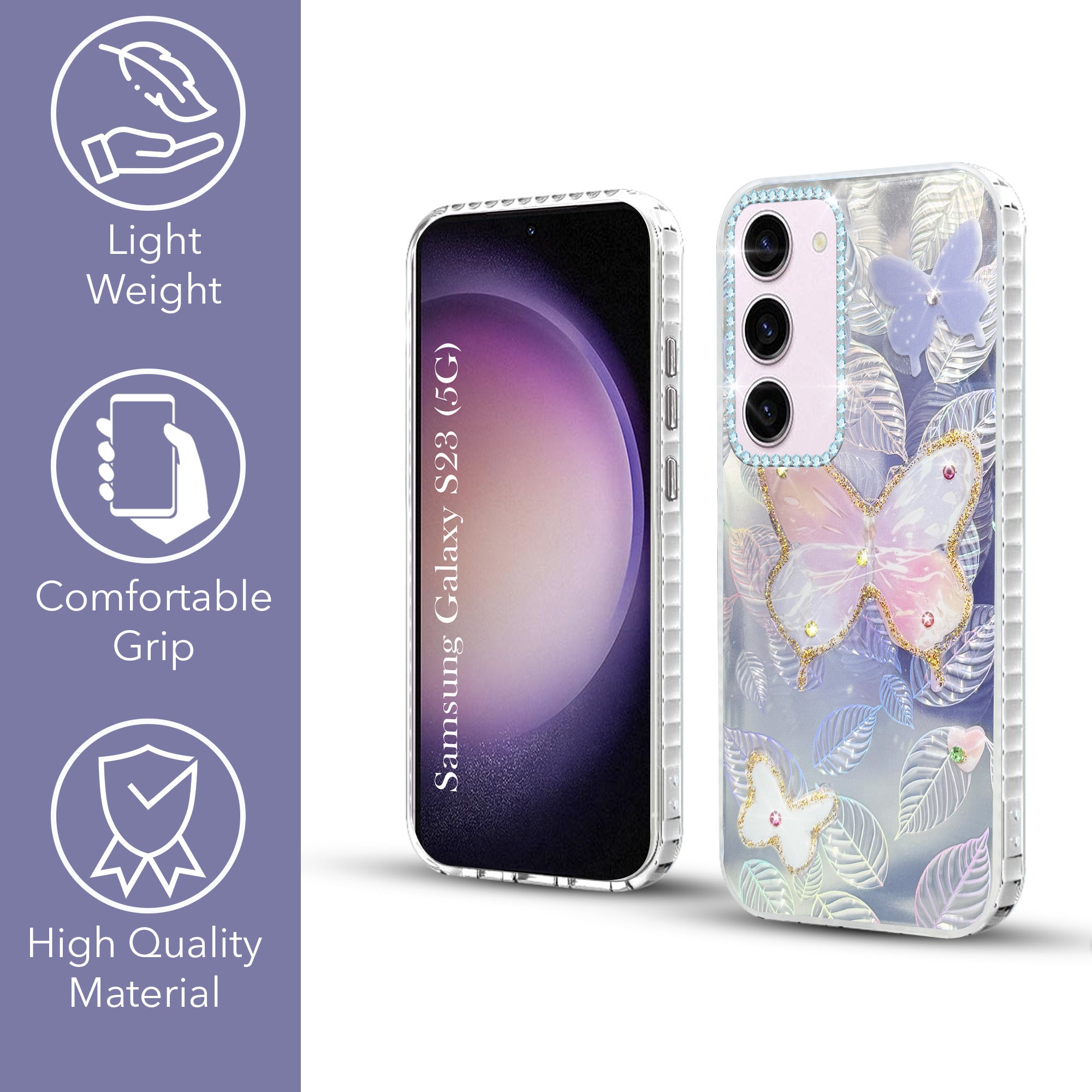 For Samsung Galaxy S23 5G Back Cover Case (Luxury Floral Glitter Cute Butterfly | Diamond Studded Camera Bump | Girls & Women Design)