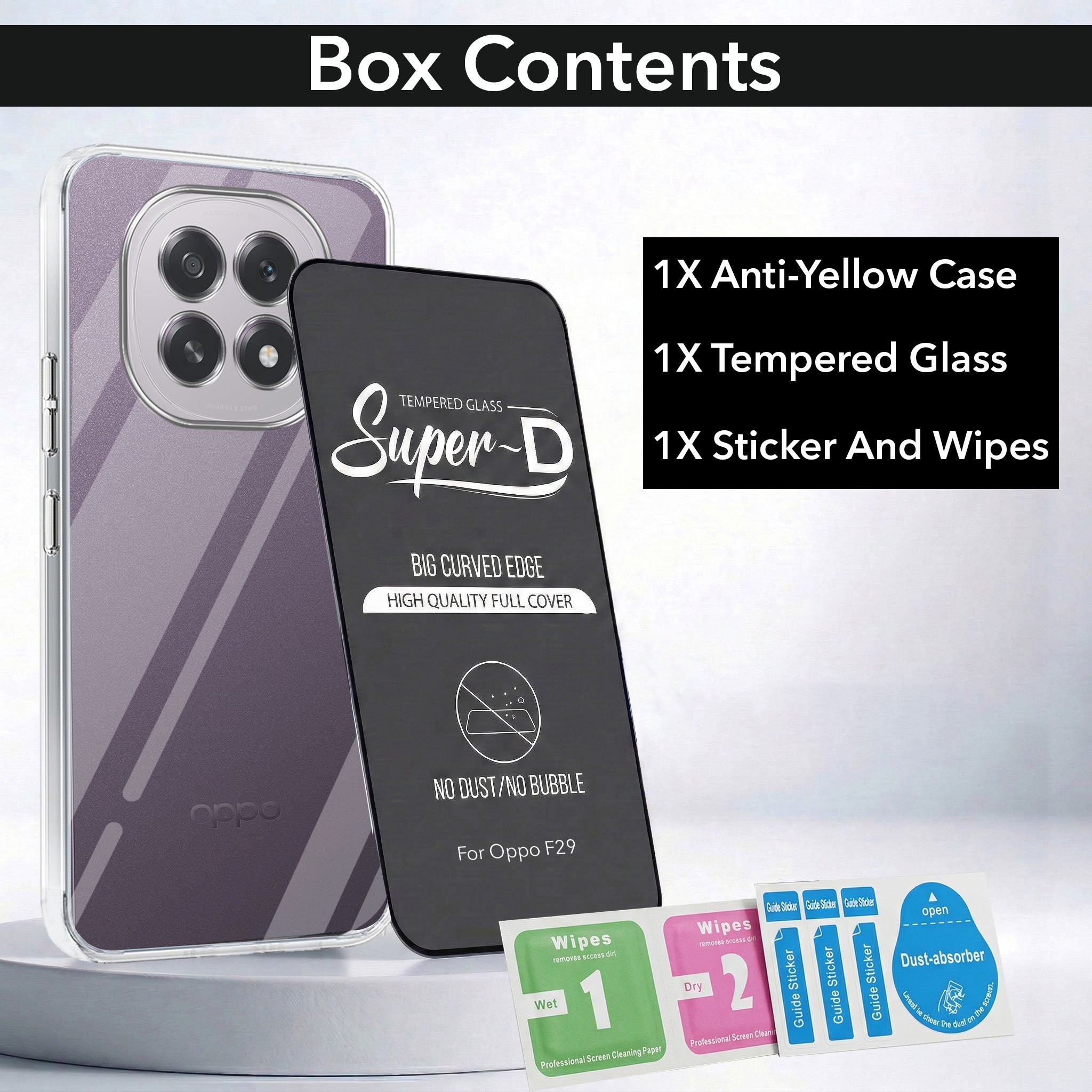 For Oppo F29 Combo with Back Cover and 9H Tempered Glass (Lifetime Anti-Yellow | Sleek Hard Crystal | Oleophobic Coating Screen Glass)