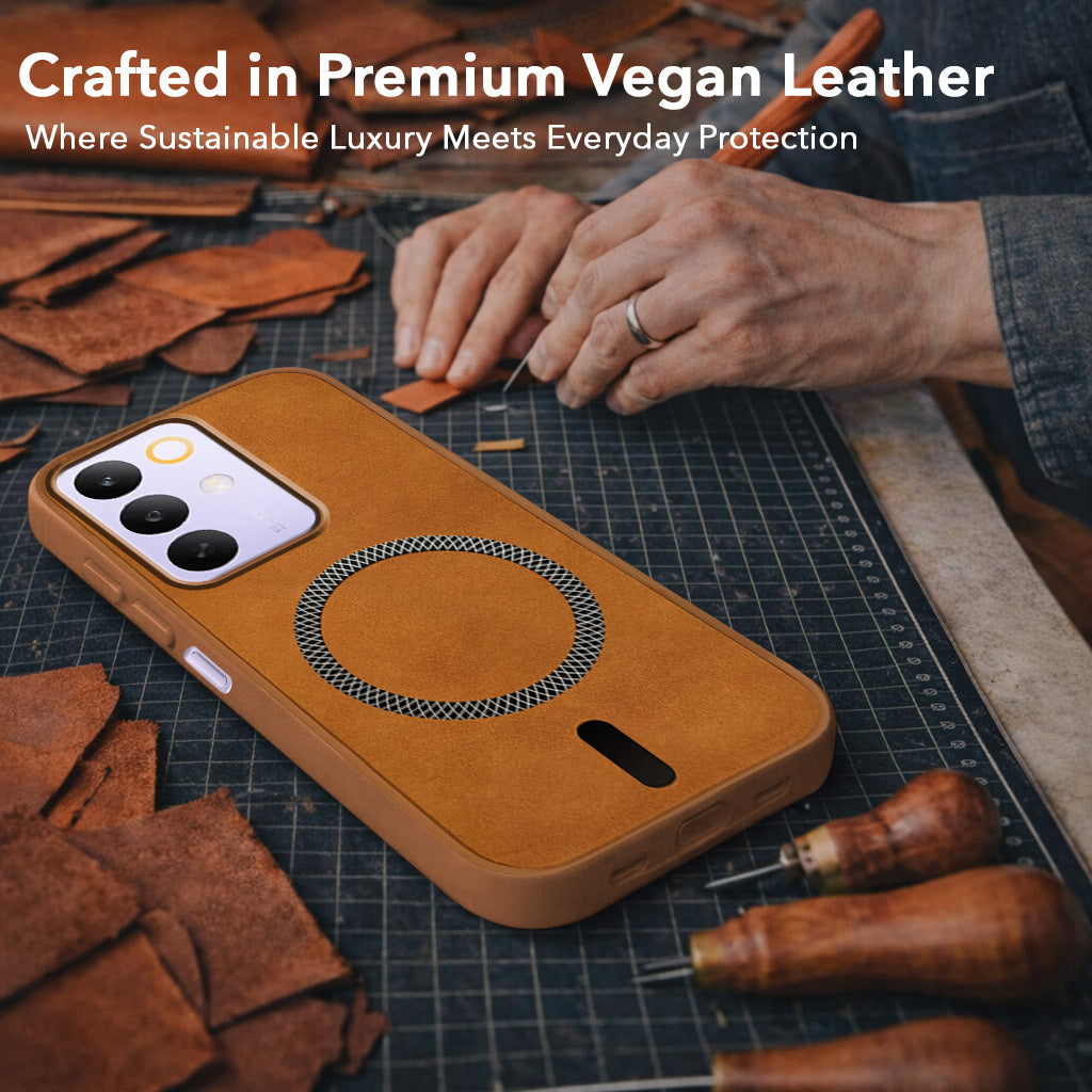 For Realme C85 5G | Realme Narzo 90x Back Cover Case Leather Finish (MagSafe Compatible Wireless Charging | Soft Touch | Camera Bump Protection)