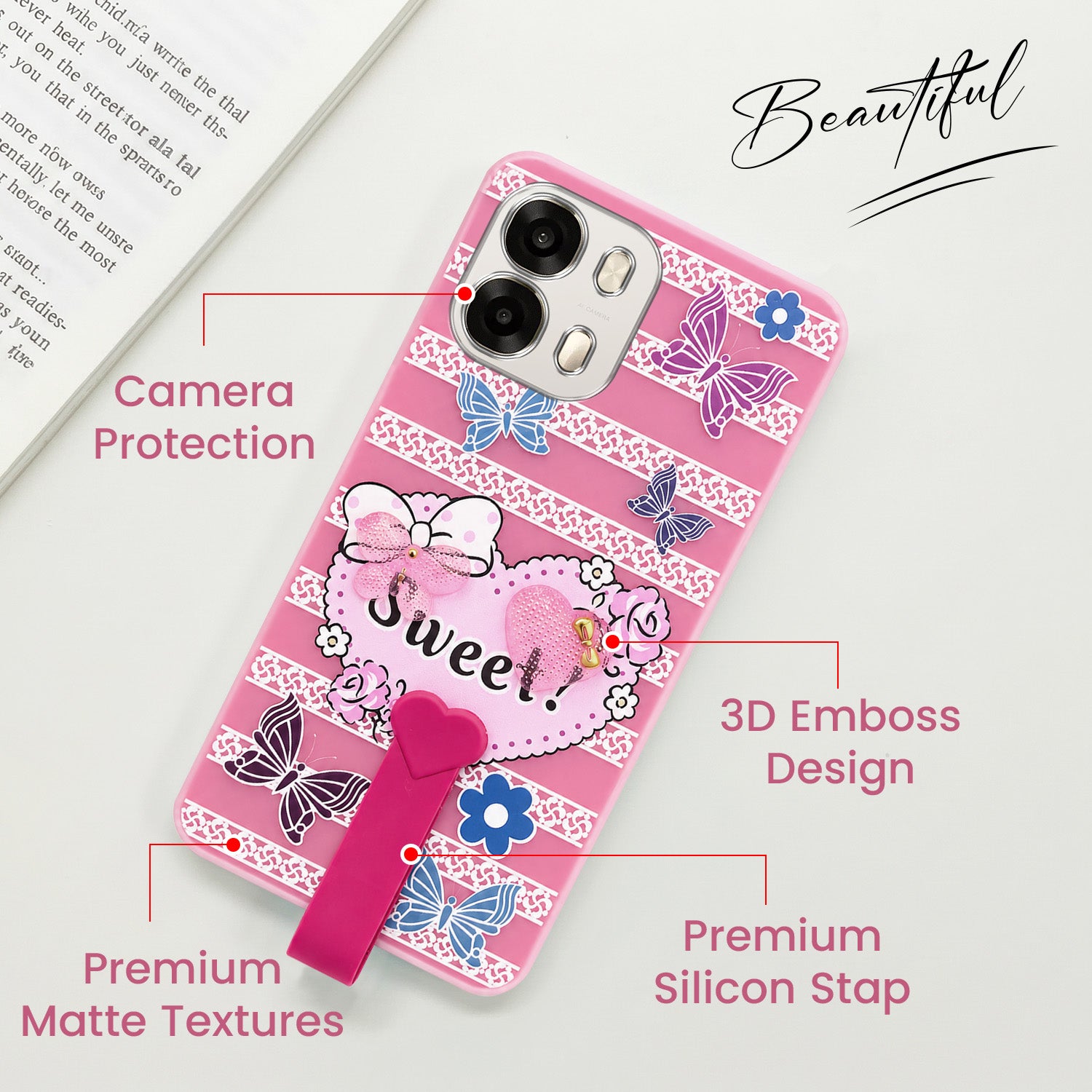 For Oppo A6 Pro Back Cover Case (3D Cute Heart Strap Holder | Camera Protection | Designer Girls Print)