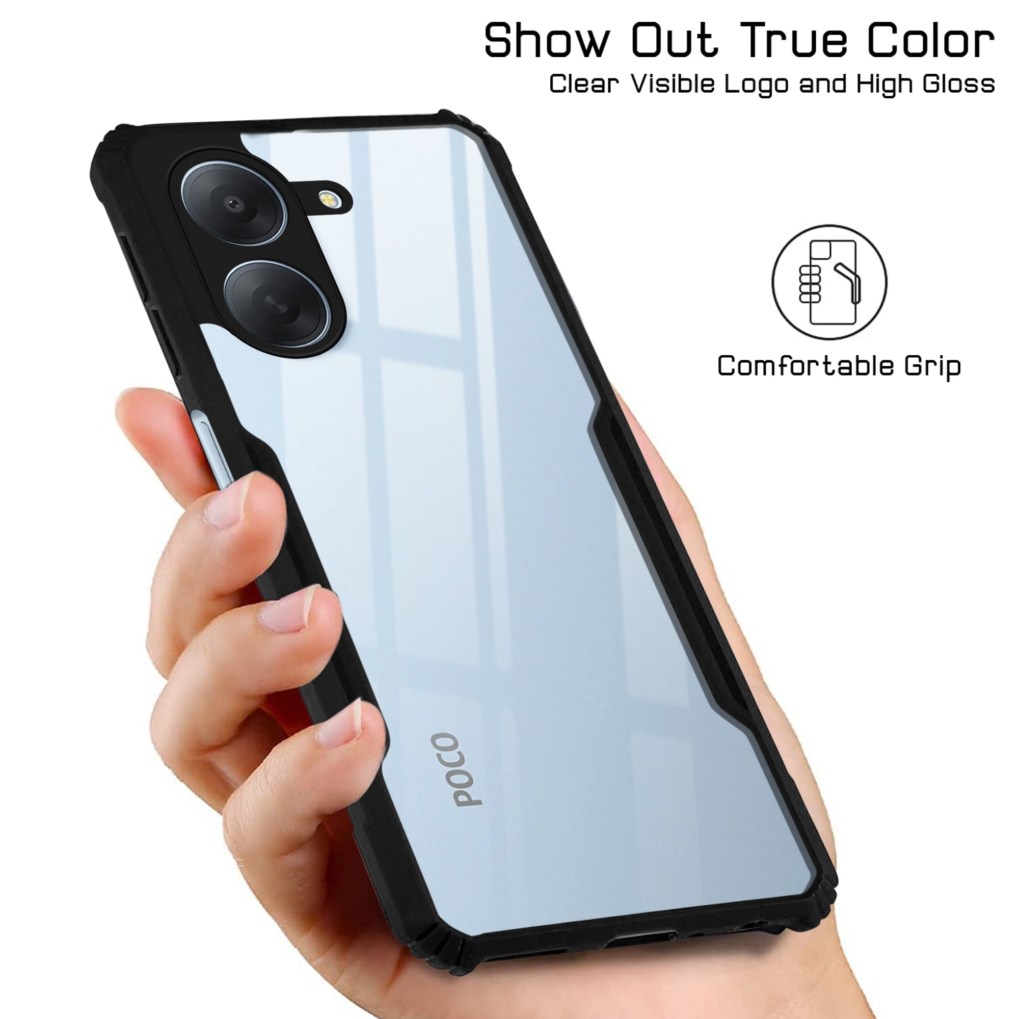 For Poco C81x Back Cover Case Hybrid (Shockproof with Polycarbonate Clear Panel | Professional Black)