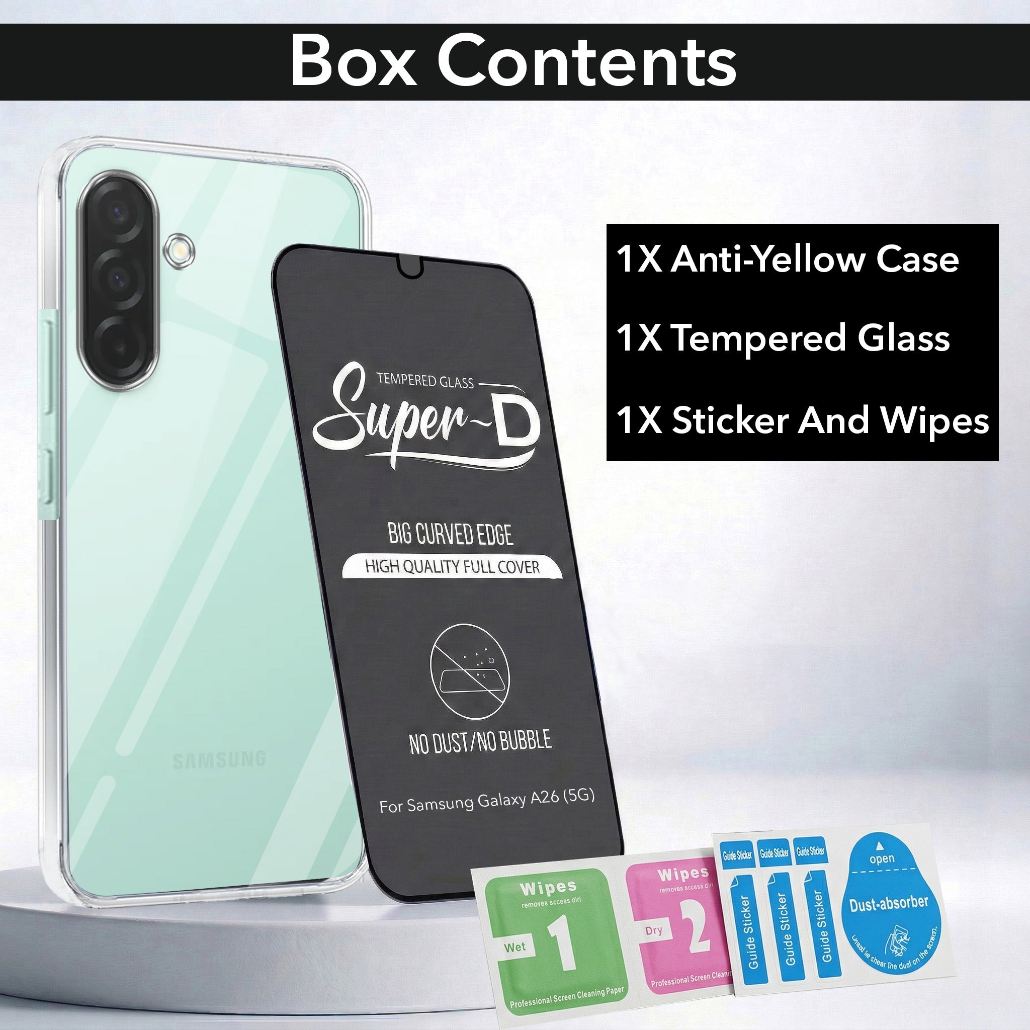 For Samsung Galaxy A26 5G Combo with Back Cover and 9H Tempered Glass ( Lifetime Anti-Yellow | Sleek Hard Crystal | Oleophobic Coating Screen Glass)