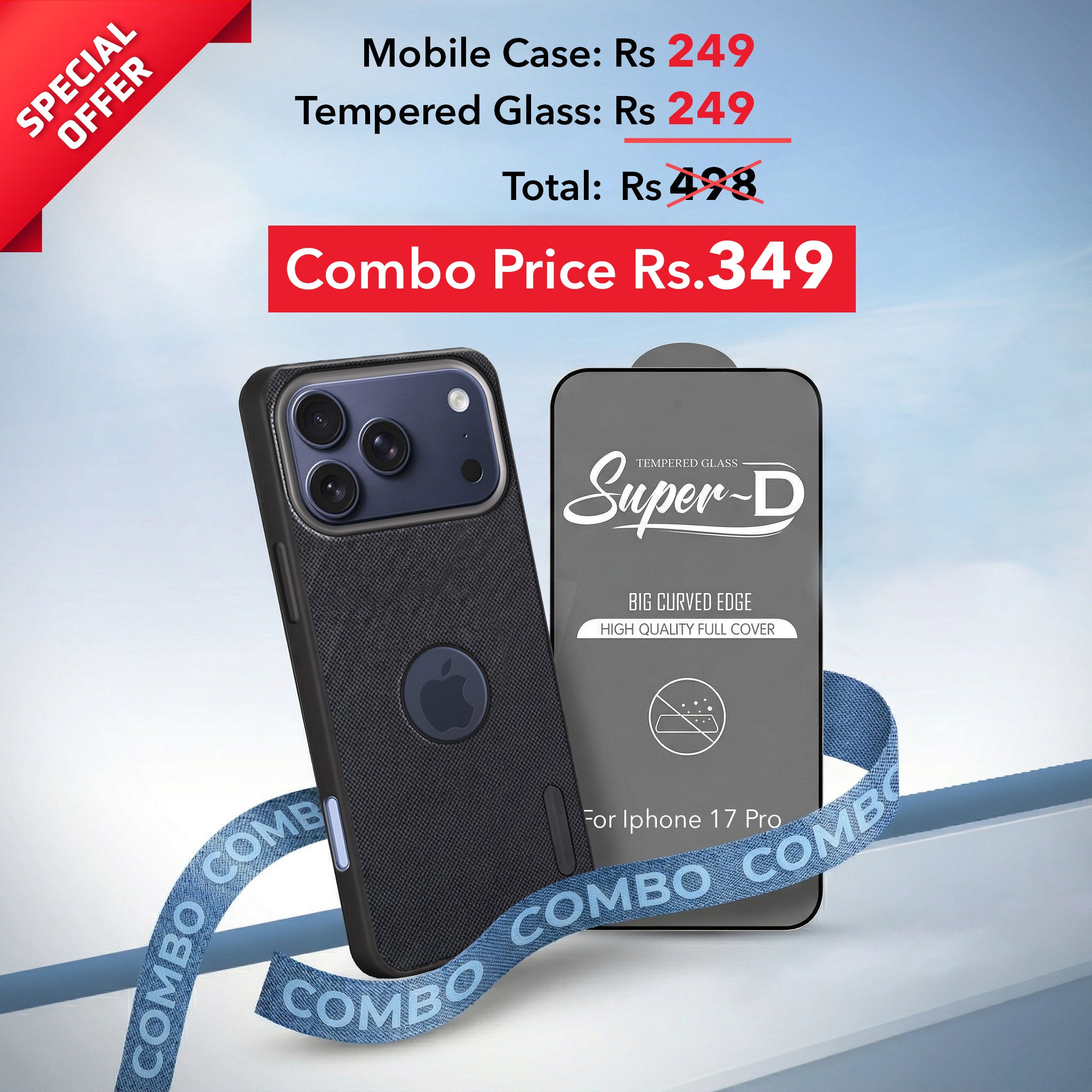 For Apple iPhone 17 Pro Combo with Back Cover and 9H Tempered Glass (Textured Grip Design | Micro-Fiber Cloth Inside | Oleophobic Coating Screen Glass)