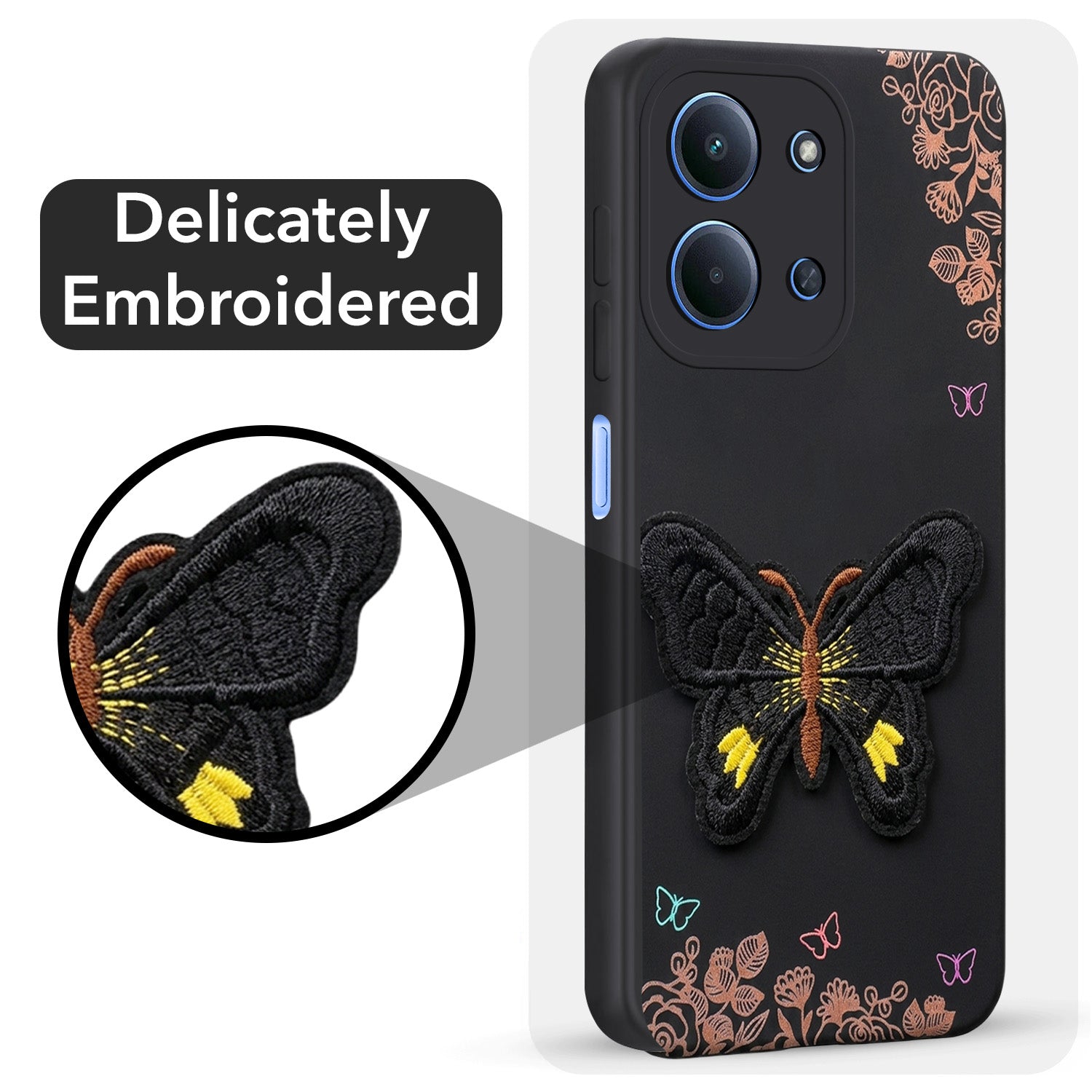 For Redmi 15C Back Cover Case (Soft ButterFly Embroidery | Women Teen Girls | Camera Protection| Matte Silicone)