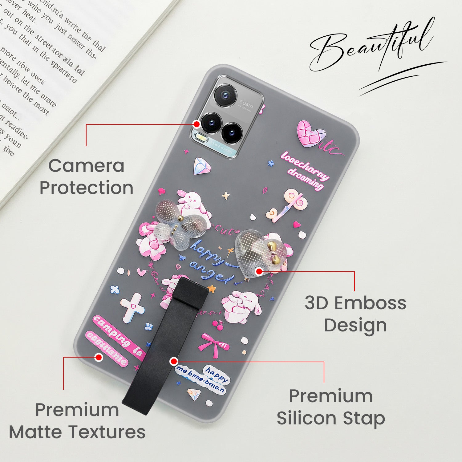 For Vivo Y33T | Vivo Y21T | Vivo Y21s Back Cover Case (3D Cute Heart Strap Holder | Camera Protection | Designer Girls Print)