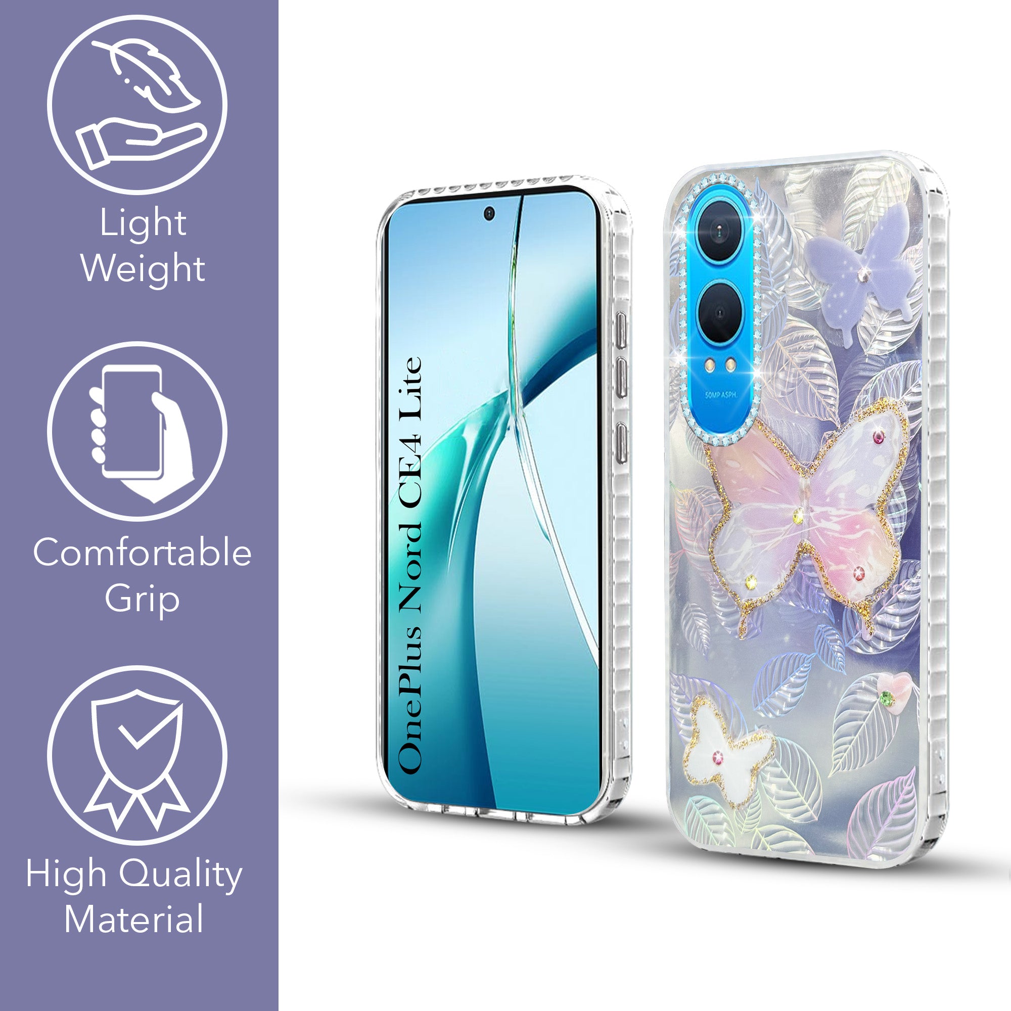 For OnePlus Nord CE 4 Lite Back Cover Case (Luxury Floral Glitter Cute Butterfly | Diamond Studded Camera Bump | Girls & Women Design)