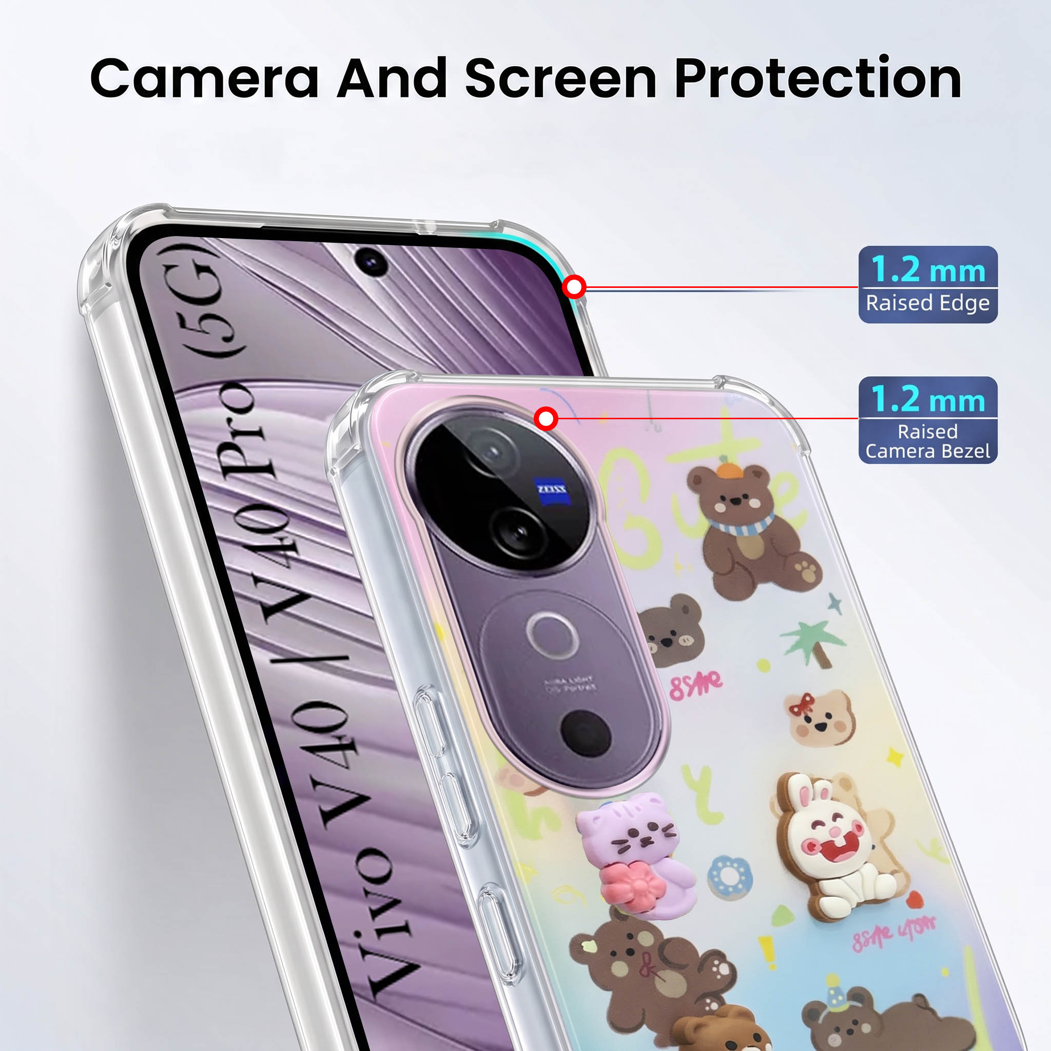 For Vivo V40 | Vivo V40 Pro 5G Back Cover Case (3D Cute Cartoons | Hard Back Side Soft | Matte Premium Finish | HD Printing)