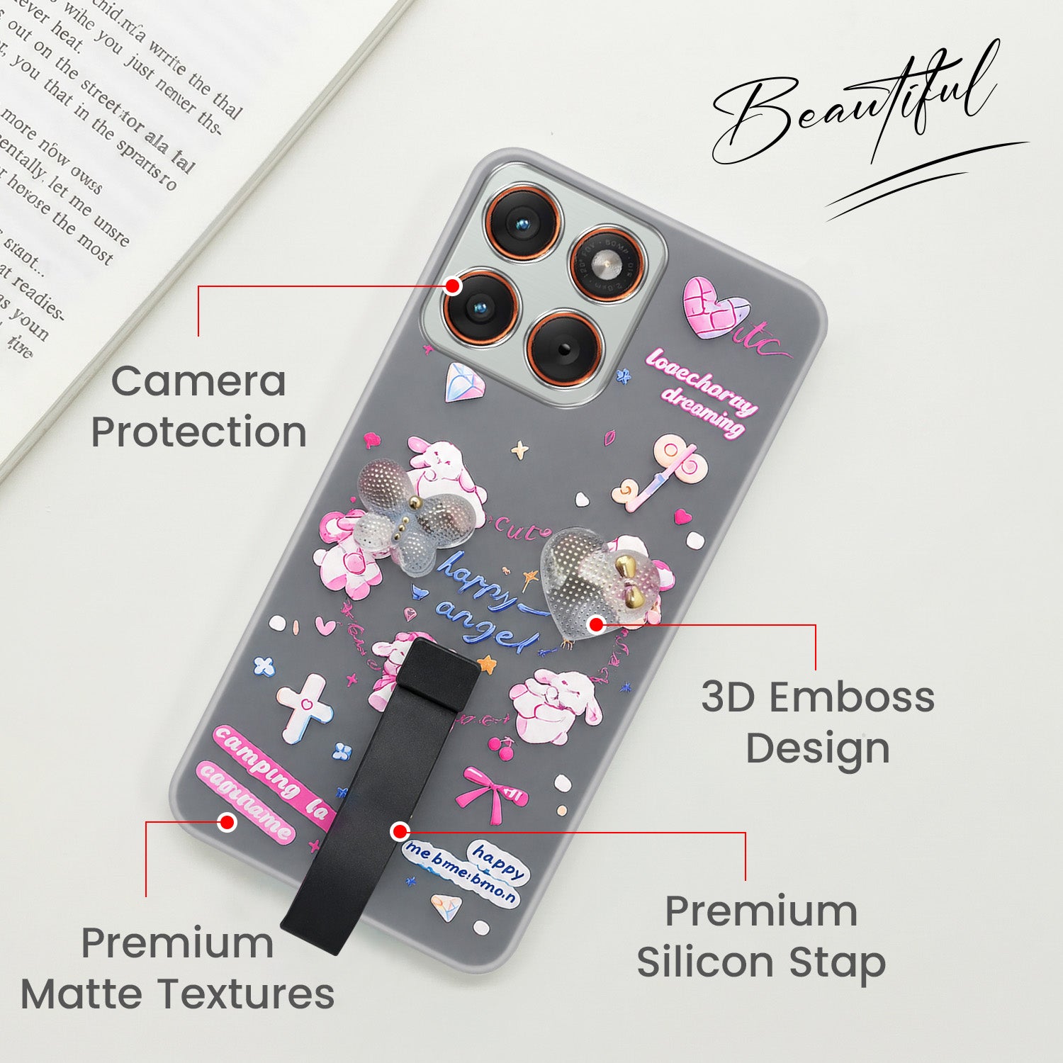 For Motorola Moto Edge 70 Back Cover Case (3D Cute Heart Strap Holder | Camera Protection | Designer Girls Print)