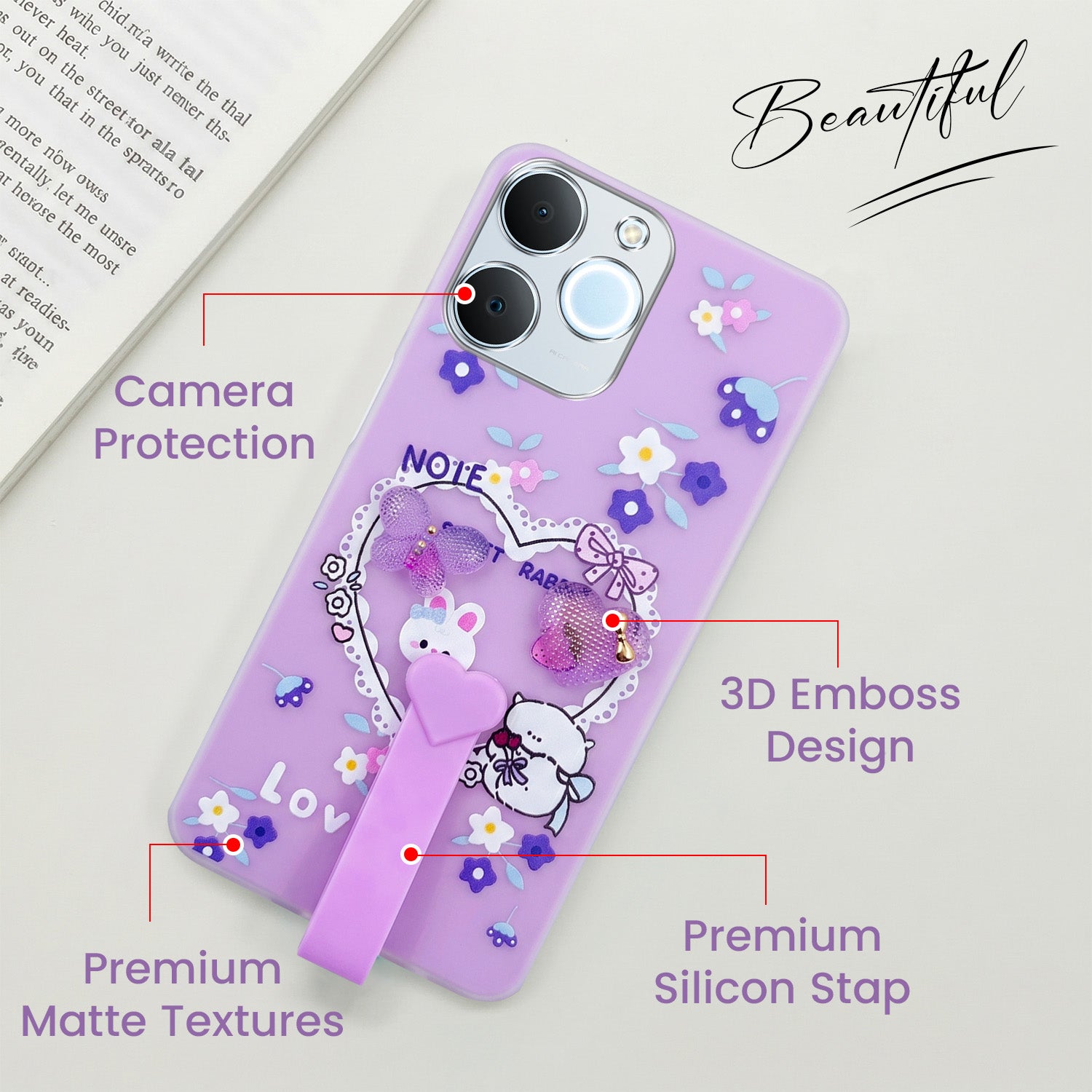 For Realme C71 Back Cover Case (3D Cute Heart Strap Holder | Camera Protection | Designer Girls Print)