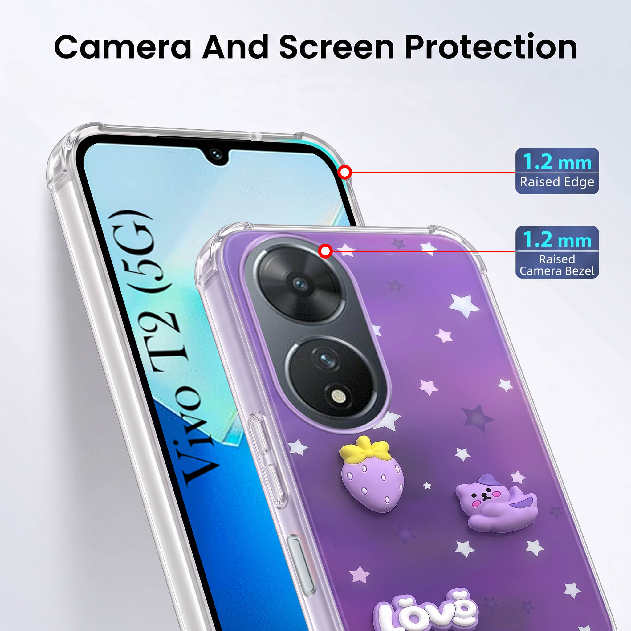 For Vivo T2 Back Cover Case (3D Cute Cartoons | Hard Back Side Soft | Matte Premium Finish | HD Printing)
