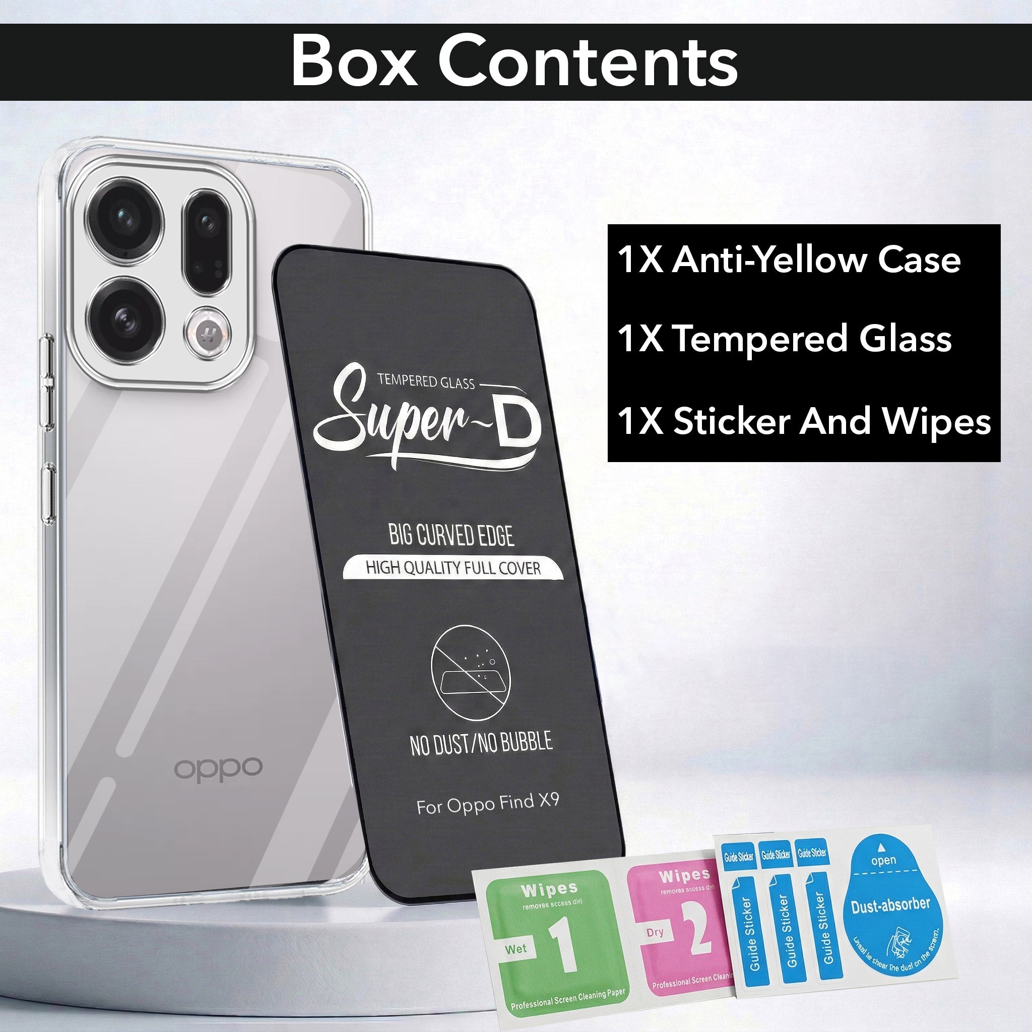 For Oppo Find X9 Combo with Back Cover and 9H Tempered Glass (Lifetime Anti-Yellow | Sleek Hard Crystal | Oleophobic Coating Screen Glass)