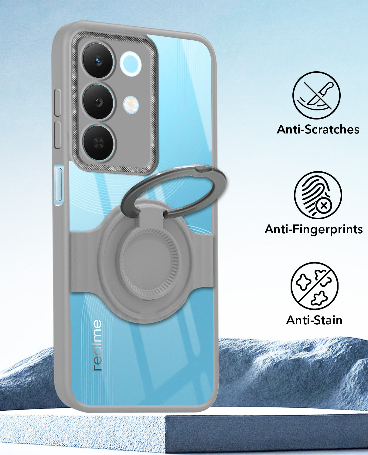 For Realme 15X Back Cover Case with stand (Built-in Ring Holder Kickstand | Lifetime Anti Yellow | Camera Protection)