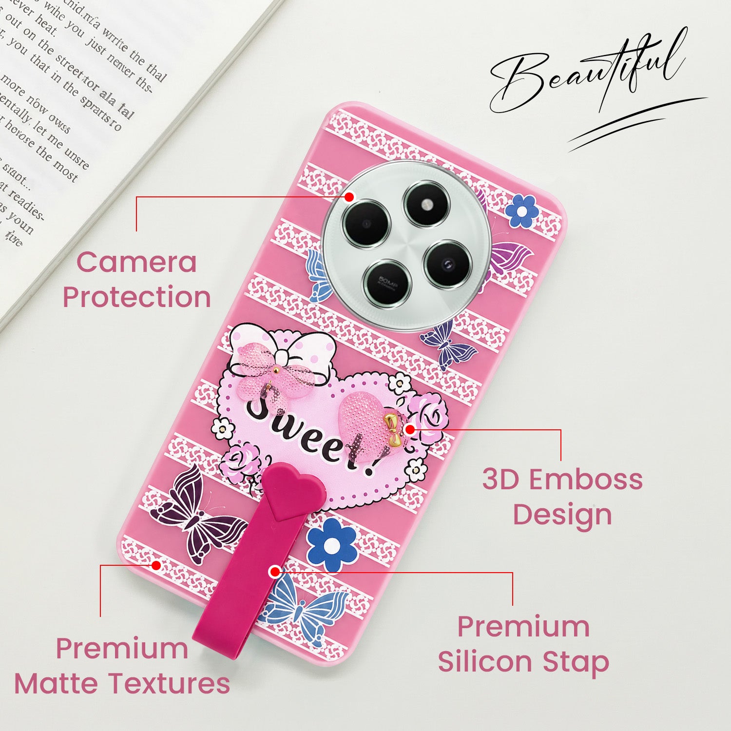 For Poco C75 | Poco M7 Back Cover Case (3D Cute Heart Strap Holder | Camera Protection | Designer Girls Print)