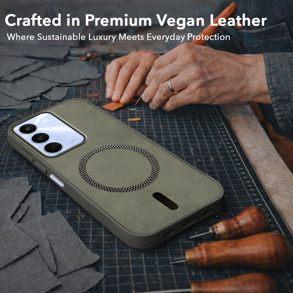 For Realme C83 5G Back Cover Case Leather Finish (MagSafe Compatible Wireless Charging | Soft Touch | Camera Bump Protection)