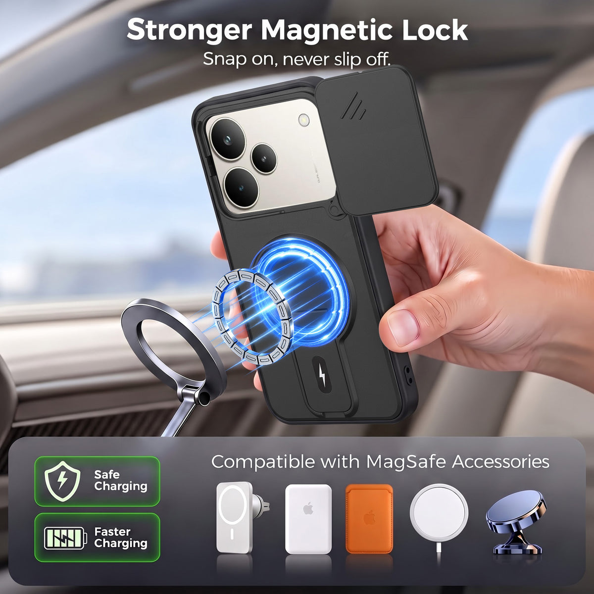 For Realme P4 Pro Back Case Cover Metallic (Hybrid Armor Kickstand | Sliding Shutter Camera Protection | MagSafe Compatible)