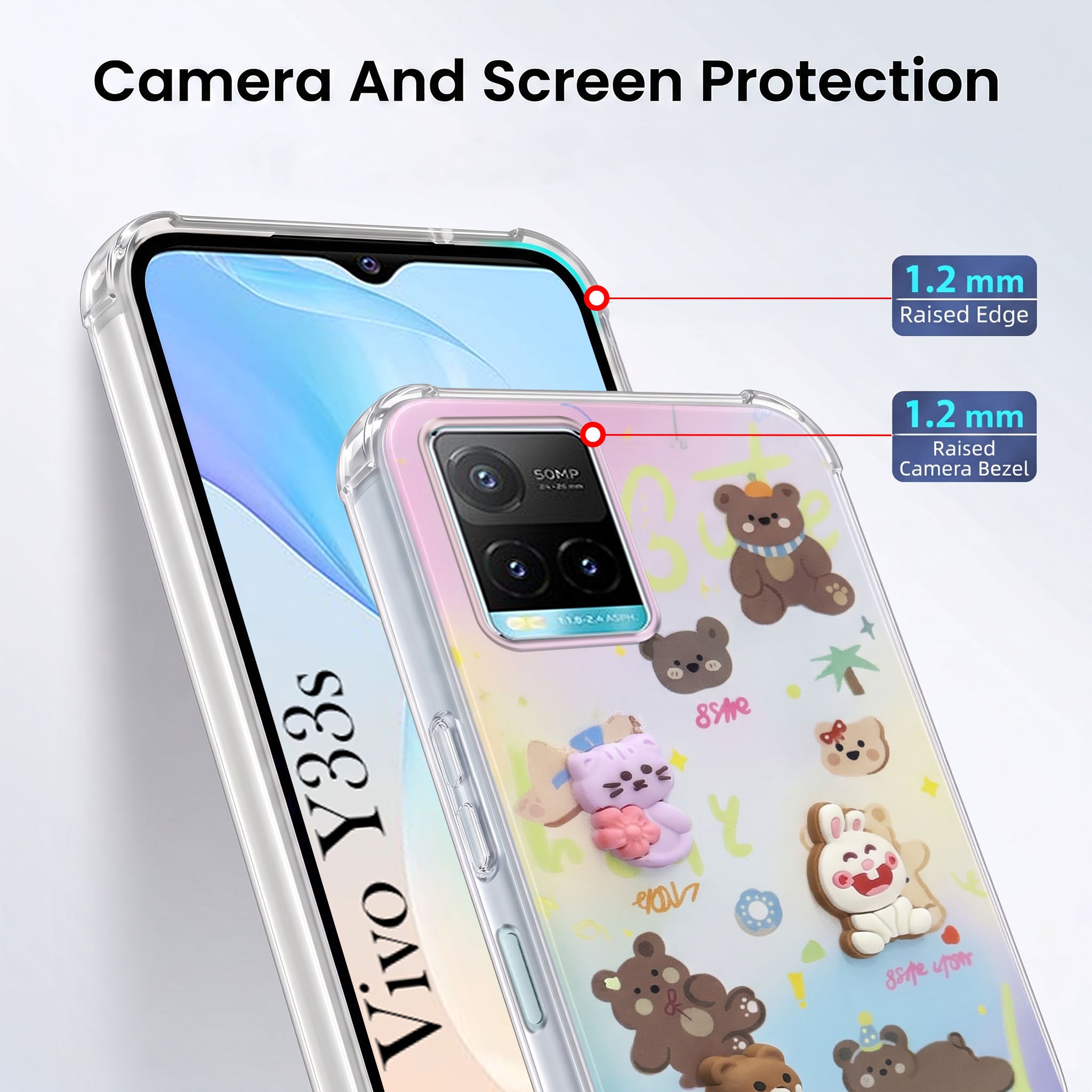 For Vivo Y33s Back Cover Case (3D Cute Cartoons | Hard Back Side Soft | Matte Premium Finish | HD Printing)