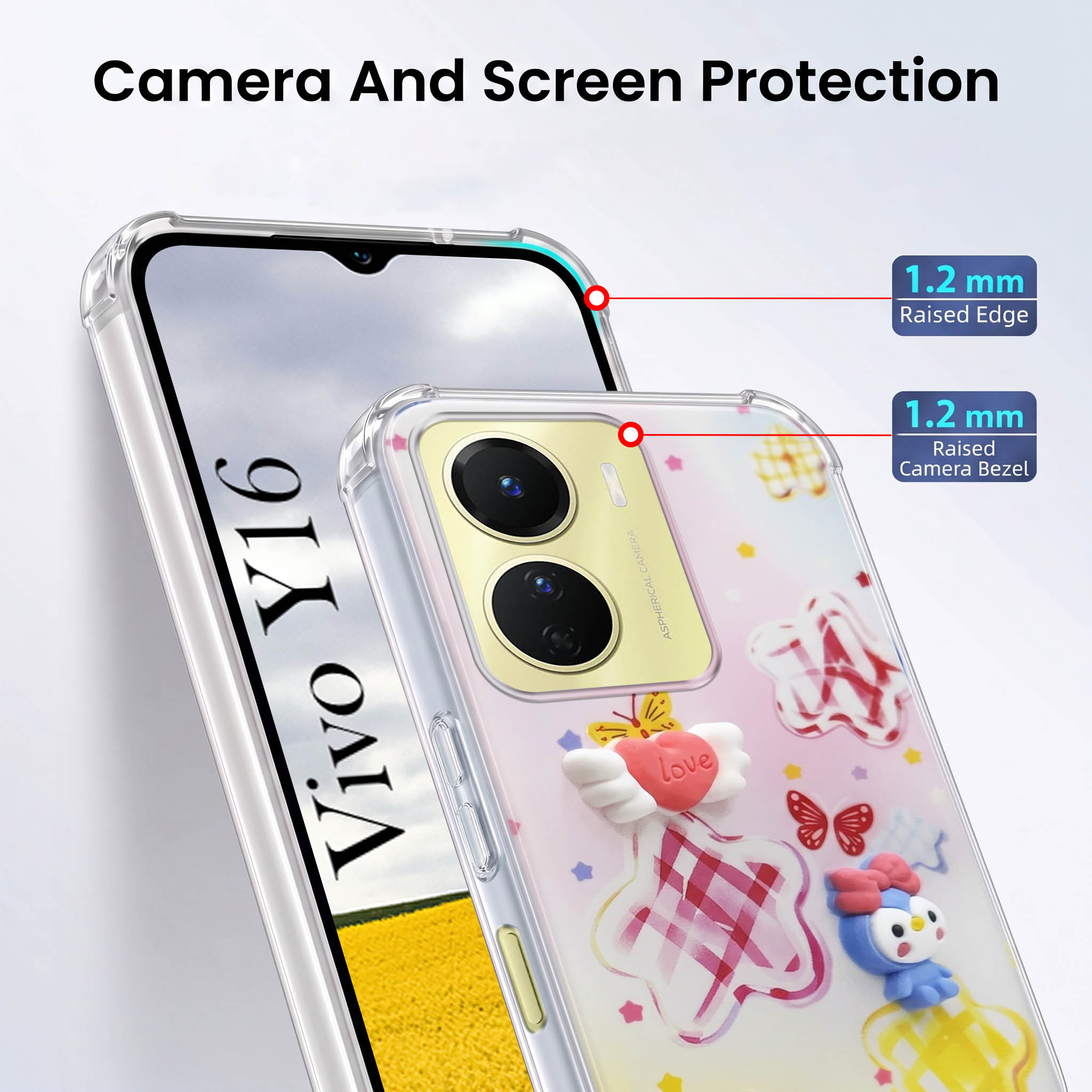 For Vivo Y16 Back Cover Case (3D Cute Cartoons | Hard Back Side Soft | Matte Premium Finish | HD Printing)