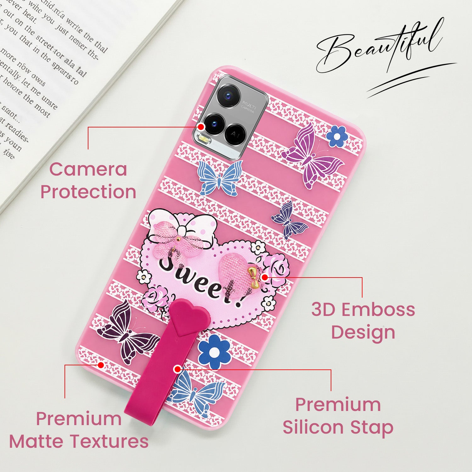 For Vivo Y21 (2021) Back Cover Case (3D Cute Heart Strap Holder | Camera Protection | Designer Girls Print)