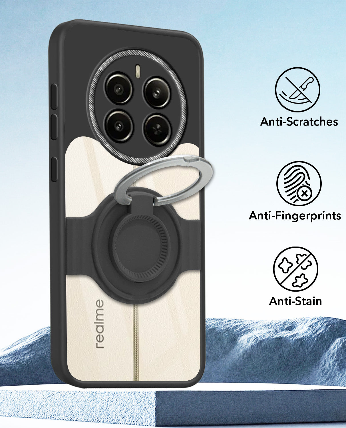 For Realme 12 Plus Back Cover Case with stand (Built-in Ring Holder Kickstand | Lifetime Anti Yellow | Camera Protection)