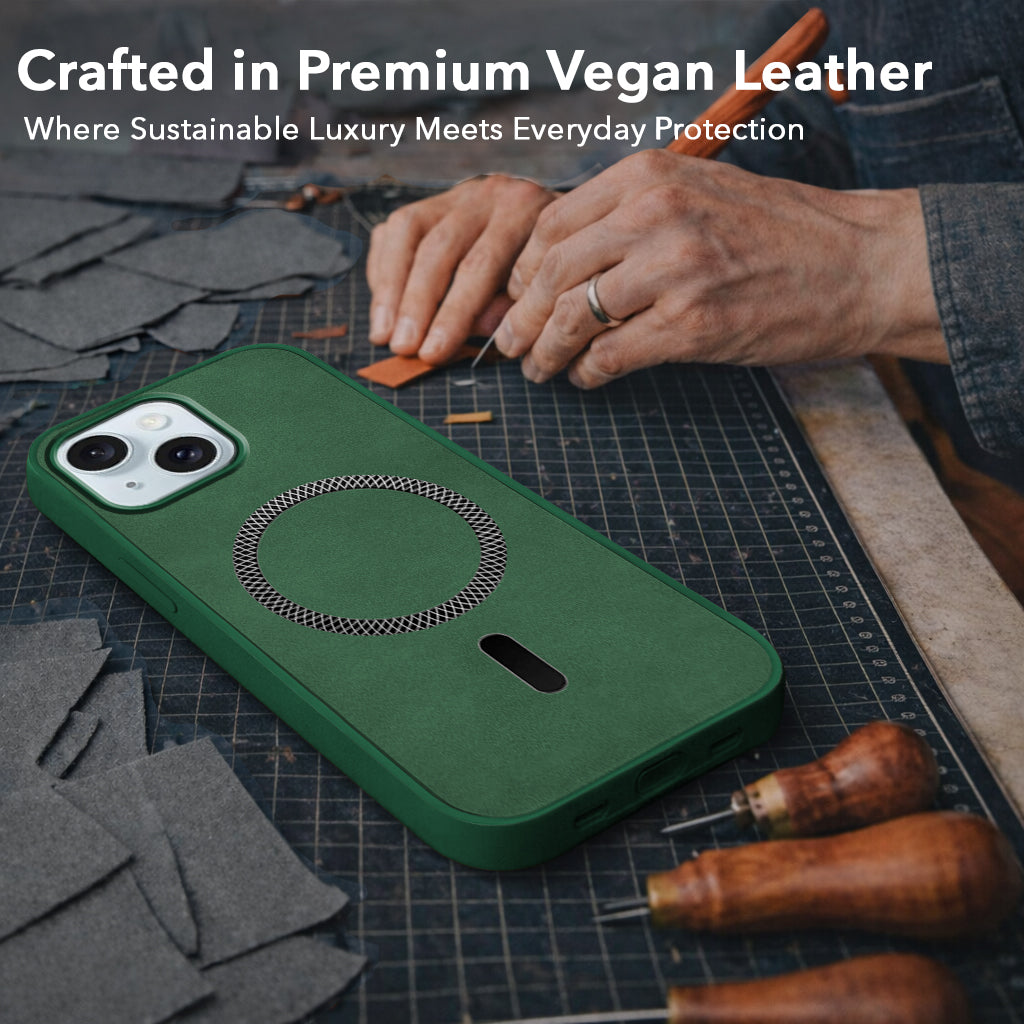 For Apple iPhone 15 Back Cover Case Leather Finish (MagSafe Compatible Wireless Charging | Soft Touch | Camera Bump Protection)