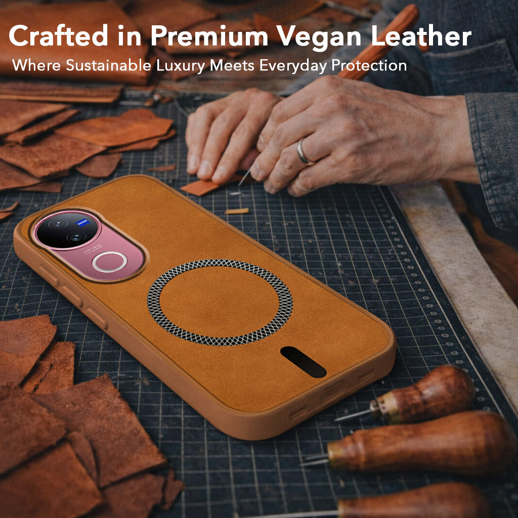 For Vivo V50 | Vivo V50e Back Cover Case Leather Finish (MagSafe Compatible Wireless Charging | Soft Touch | Camera Bump Protection)