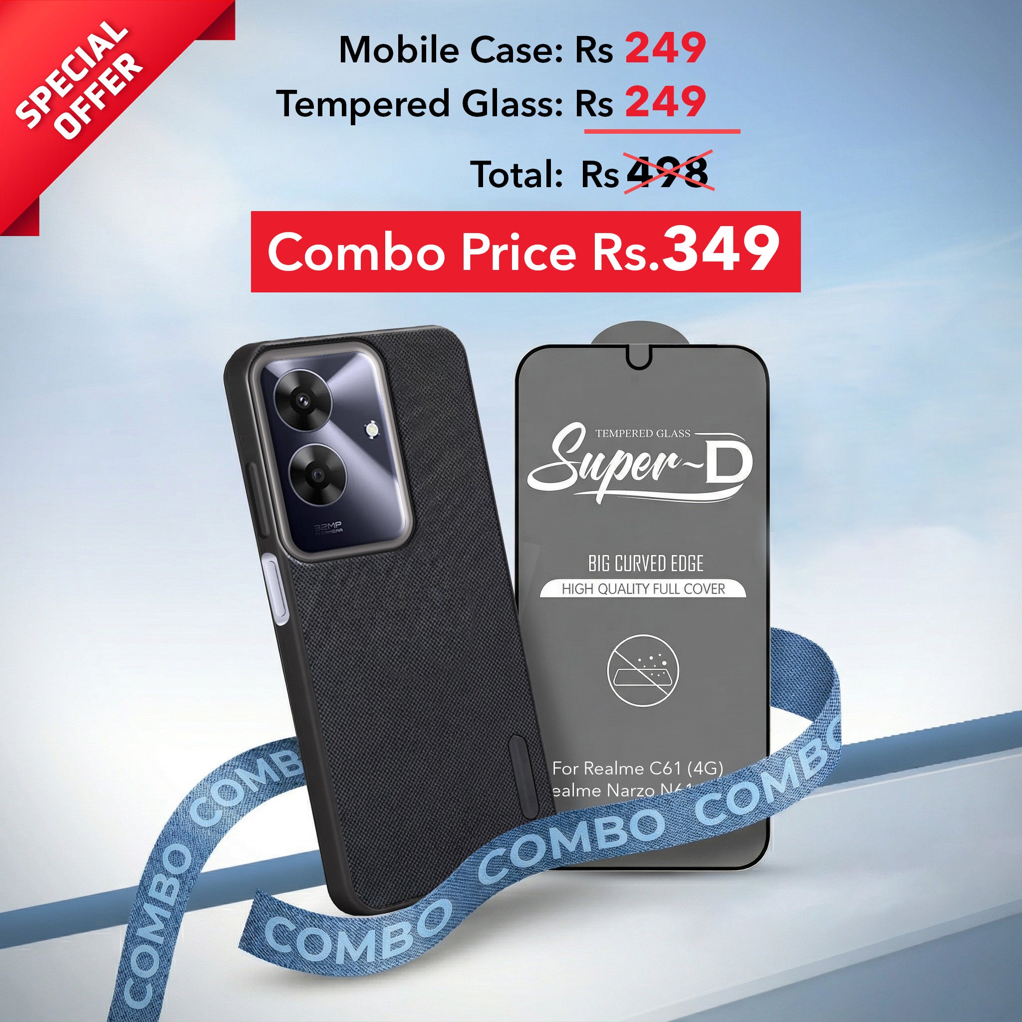 For Realme C61 | Realme Narzo N61 Combo with Back Cover and 9H Tempered Glass (Textured Grip Design | Micro-Fiber Cloth Inside | Oleophobic Coating Screen Glass)