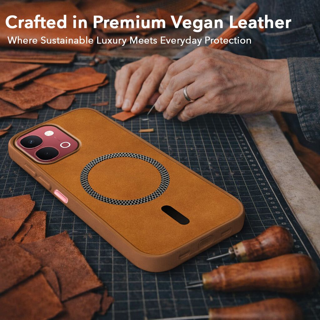 For Vivo Y31T 5G Back Cover Case Leather Finish (MagSafe Compatible Wireless Charging | Soft Touch | Camera Bump Protection)