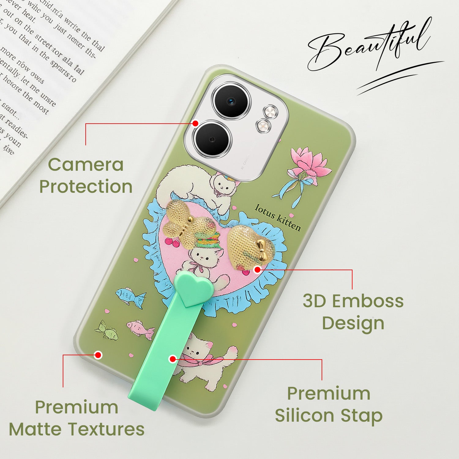 For Oppo A5X Back Cover Case (3D Cute Heart Strap Holder | Camera Protection | Designer Girls Print)