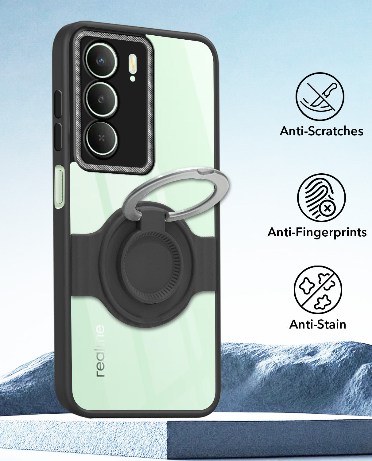 For Realme C73 Back Cover Case with stand (Built-in Ring Holder Kickstand | Lifetime Anti Yellow | Camera Protection)
