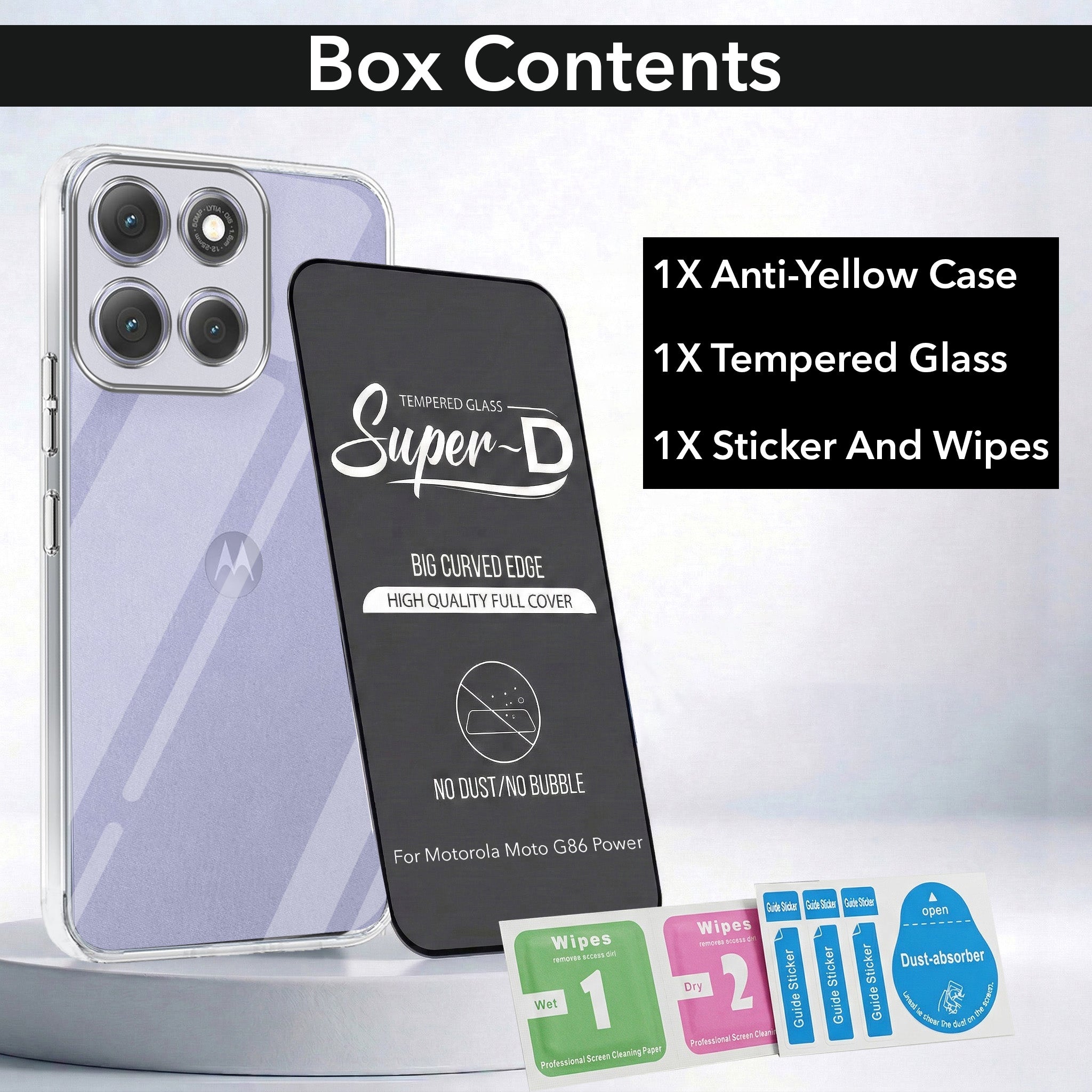 For Motorola Moto G86 Power Combo with Back Cover and 9H Tempered Glass (Lifetime Anti-Yellow | Sleek Hard Crystal | Oleophobic Coating Screen Glass)