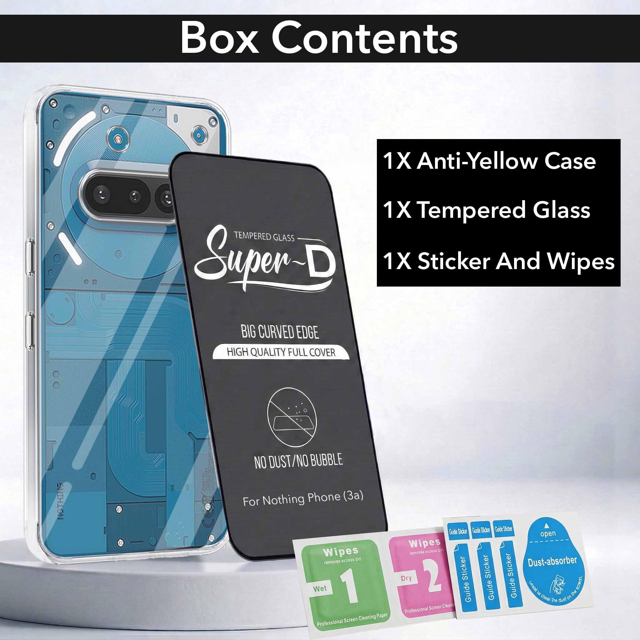 For Nothing Phone 3A Combo with Back Cover and 9H Tempered Glass (Lifetime Anti-Yellow | Sleek Hard Crystal | Oleophobic Coating Screen Glass)