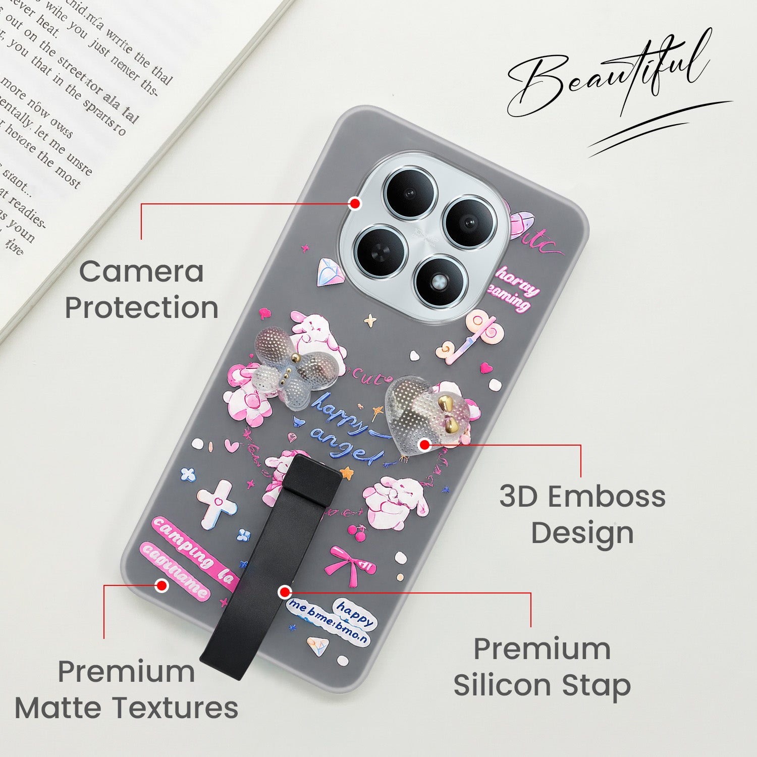 For Poco M8 5G Back Cover Case (3D Cute Heart Strap Holder | Camera Protection | Designer Girls Print)