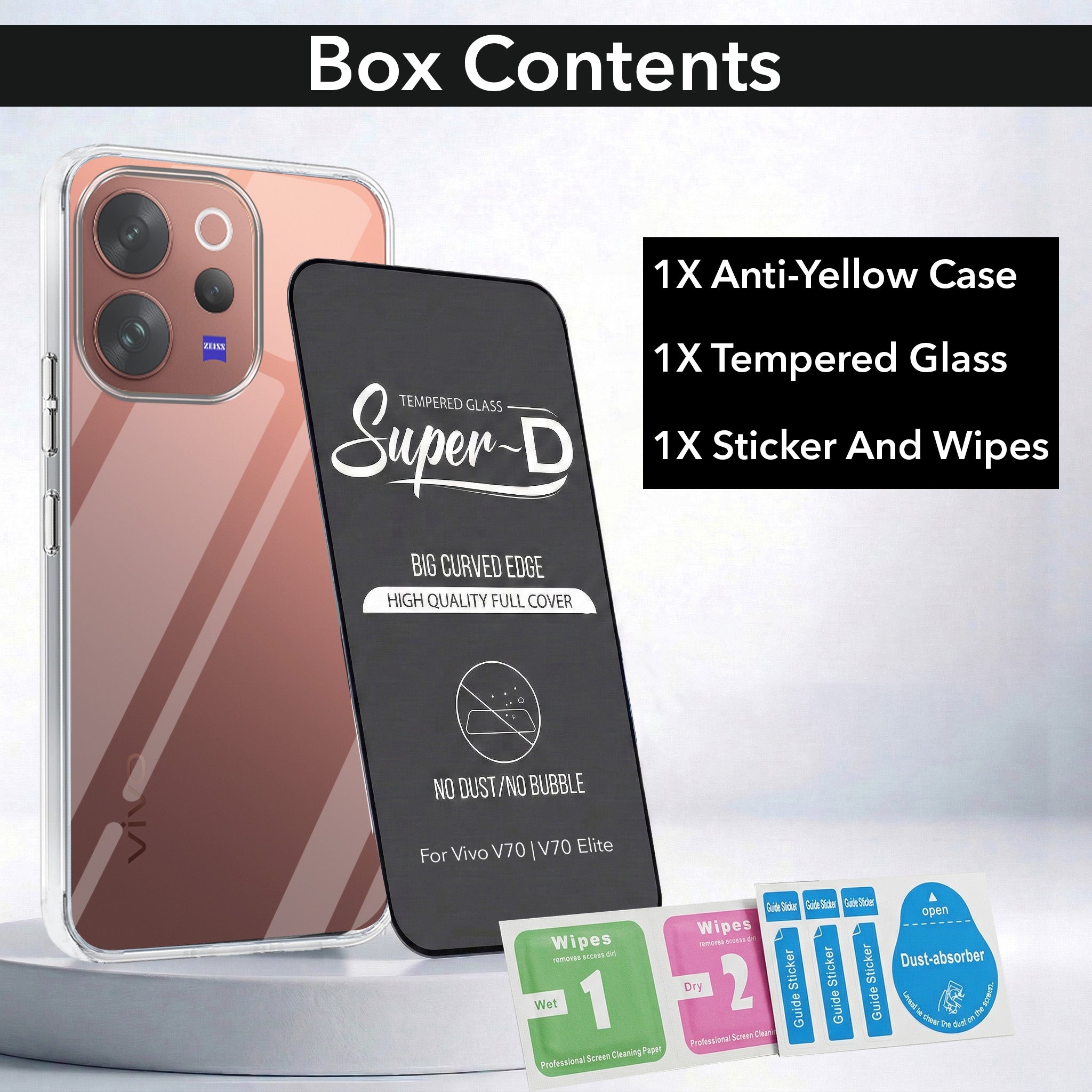 For Vivo V70 | Vivo V70 Elite 5G Combo with Back Cover and 9H Tempered Glass (Lifetime Anti-Yellow | Sleek Hard Crystal | Oleophobic Coating Screen Glass)
