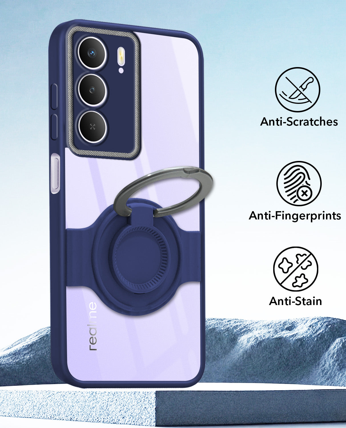 For Realme Narzo 80 Lite 5G Back Cover Case with stand (Built-in Ring Holder Kickstand | Lifetime Anti Yellow | Camera Protection)