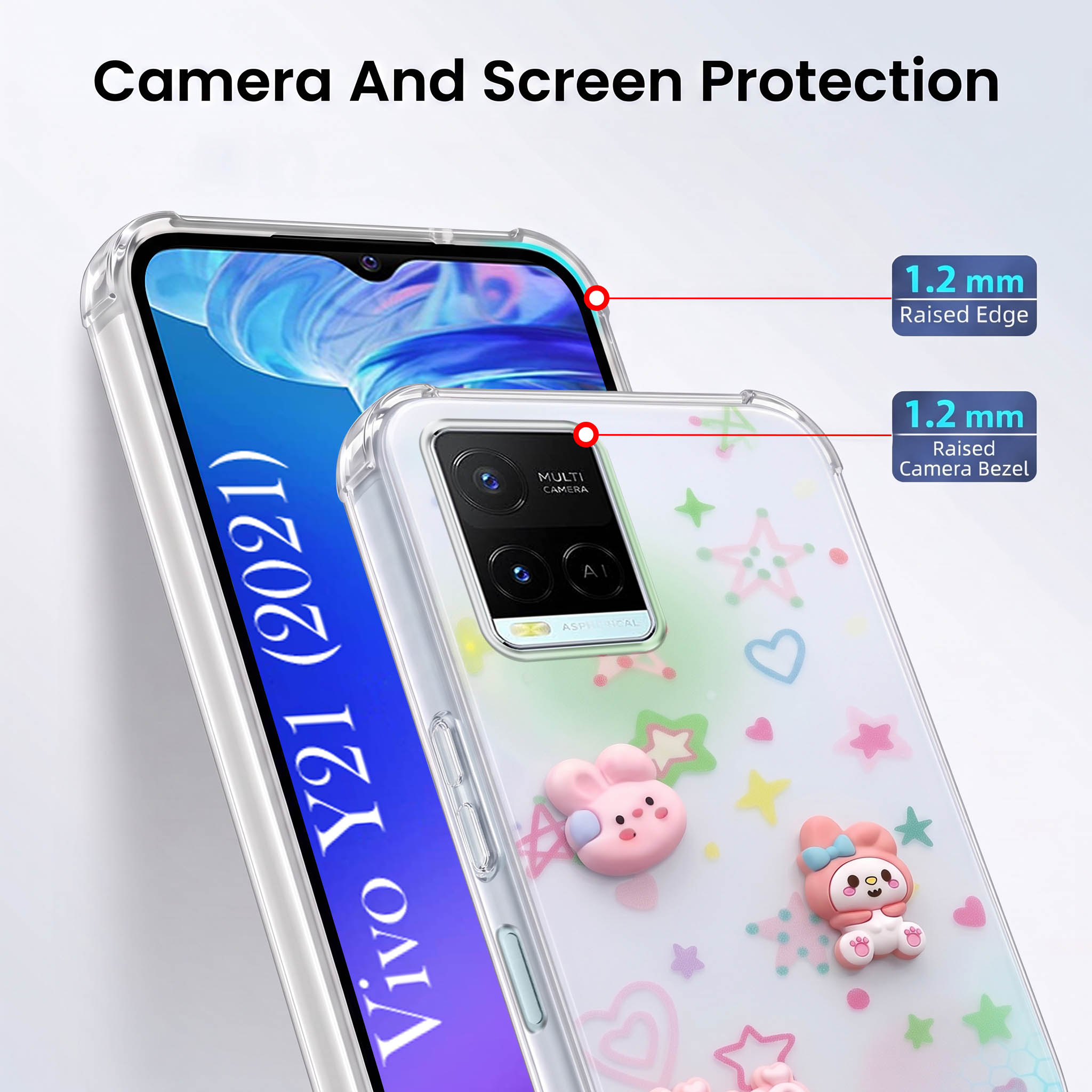 For Vivo Y21 2021 Back Cover Case (3D Cute Cartoons | Hard Back Side Soft | Matte Premium Finish | HD Printing)