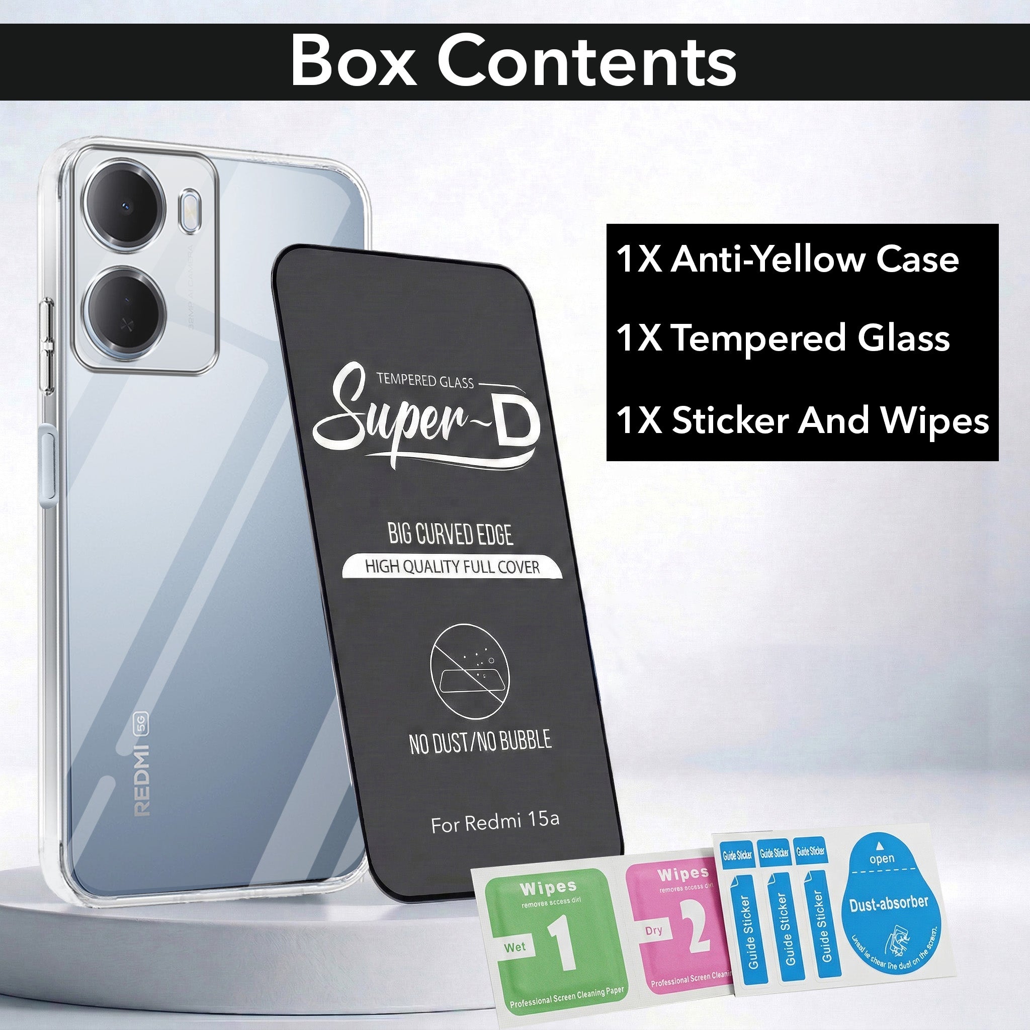 For Redmi 15A 5G Combo with Back Cover and 9H Tempered Glass (Lifetime Anti-Yellow | Sleek Hard Crystal | Oleophobic Coating Screen Glass)