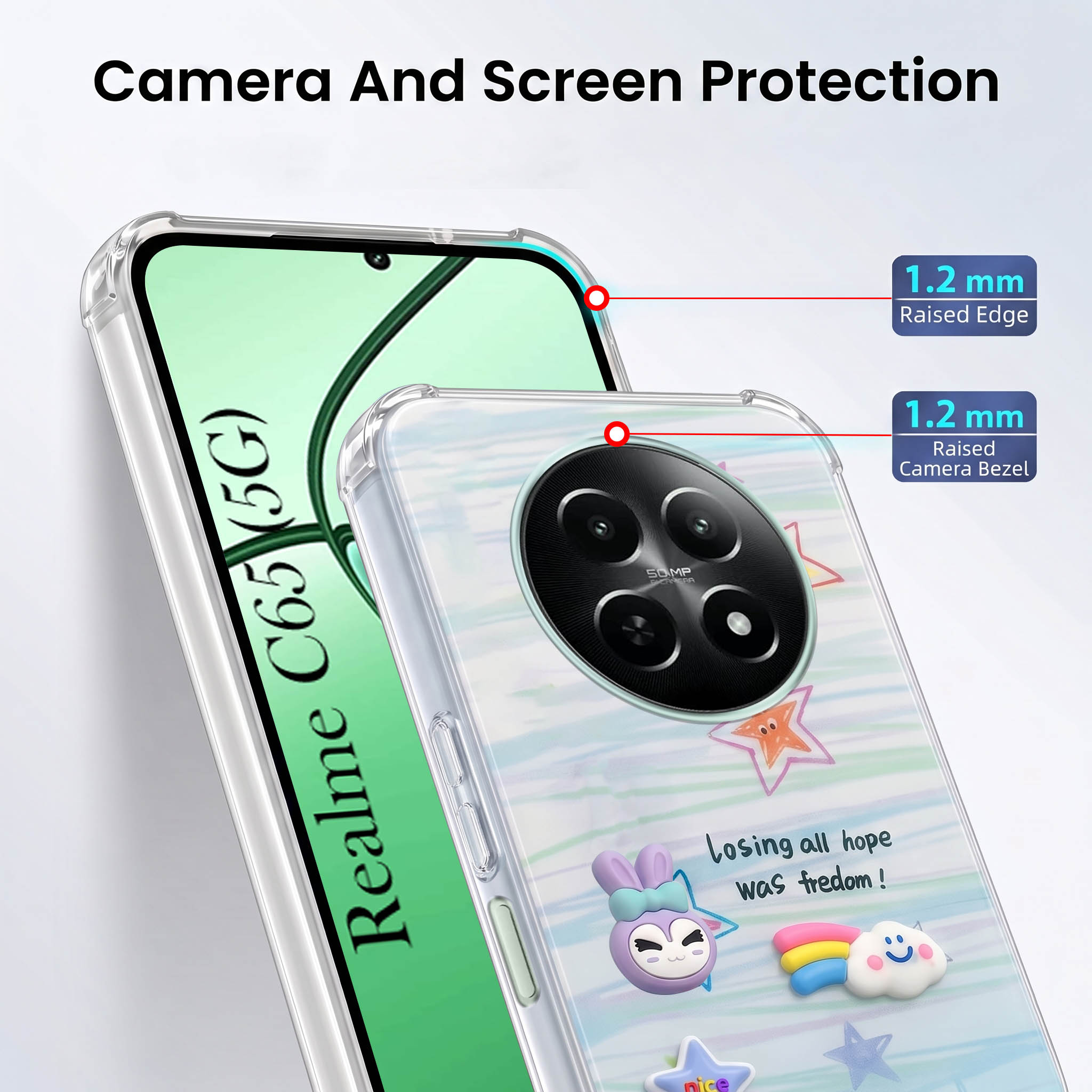 For Realme C65 5G Back Cover Case (3D Cute Cartoons | Hard Back Side Soft | Matte Premium Finish | HD Printing)