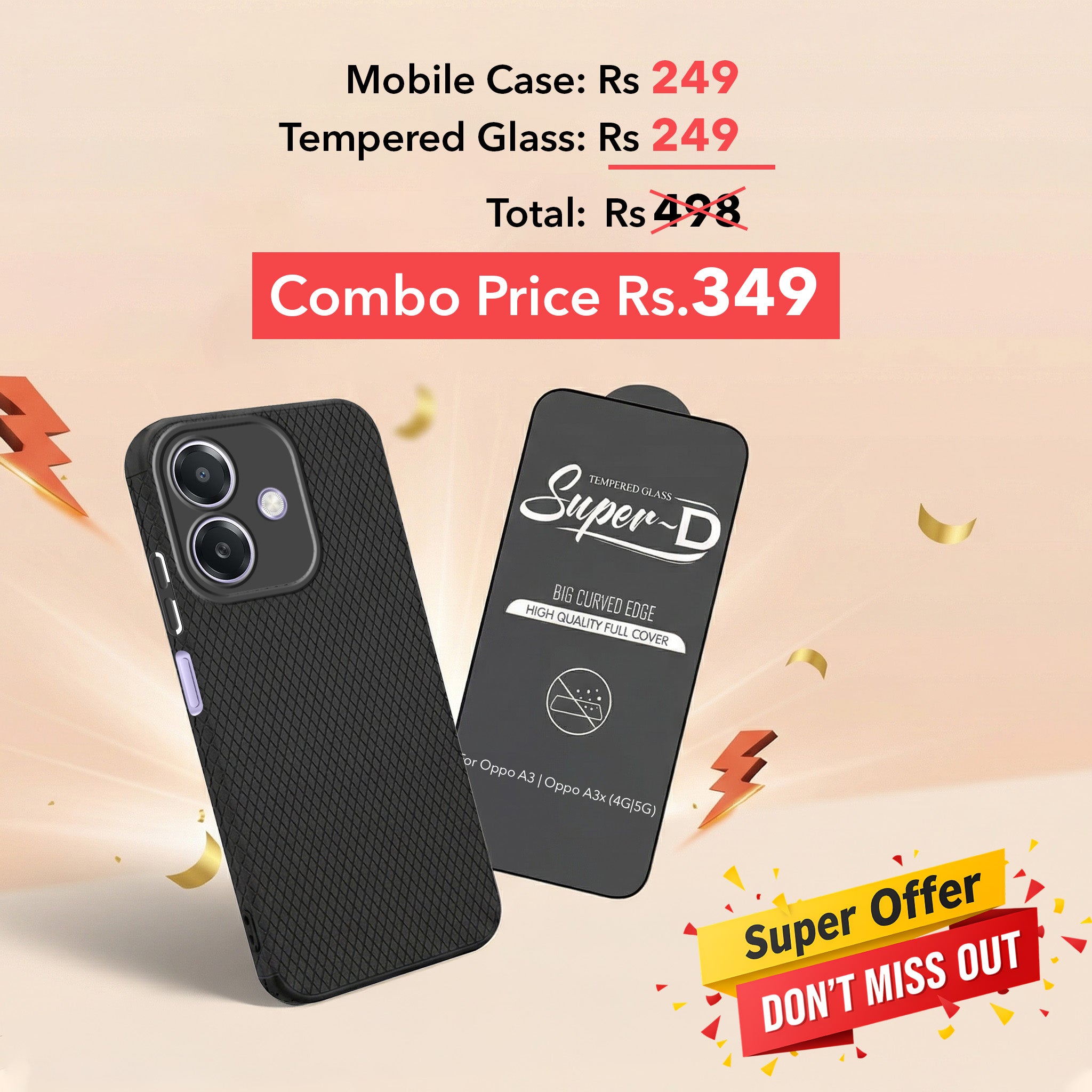 For Oppo A3X (4G/5G) | Oppo A3 5G Combo with Back Cover and 9H Tempered Glass (Liquid Silicone | Camera Protection | Oleophobic Coating Screen Glass)