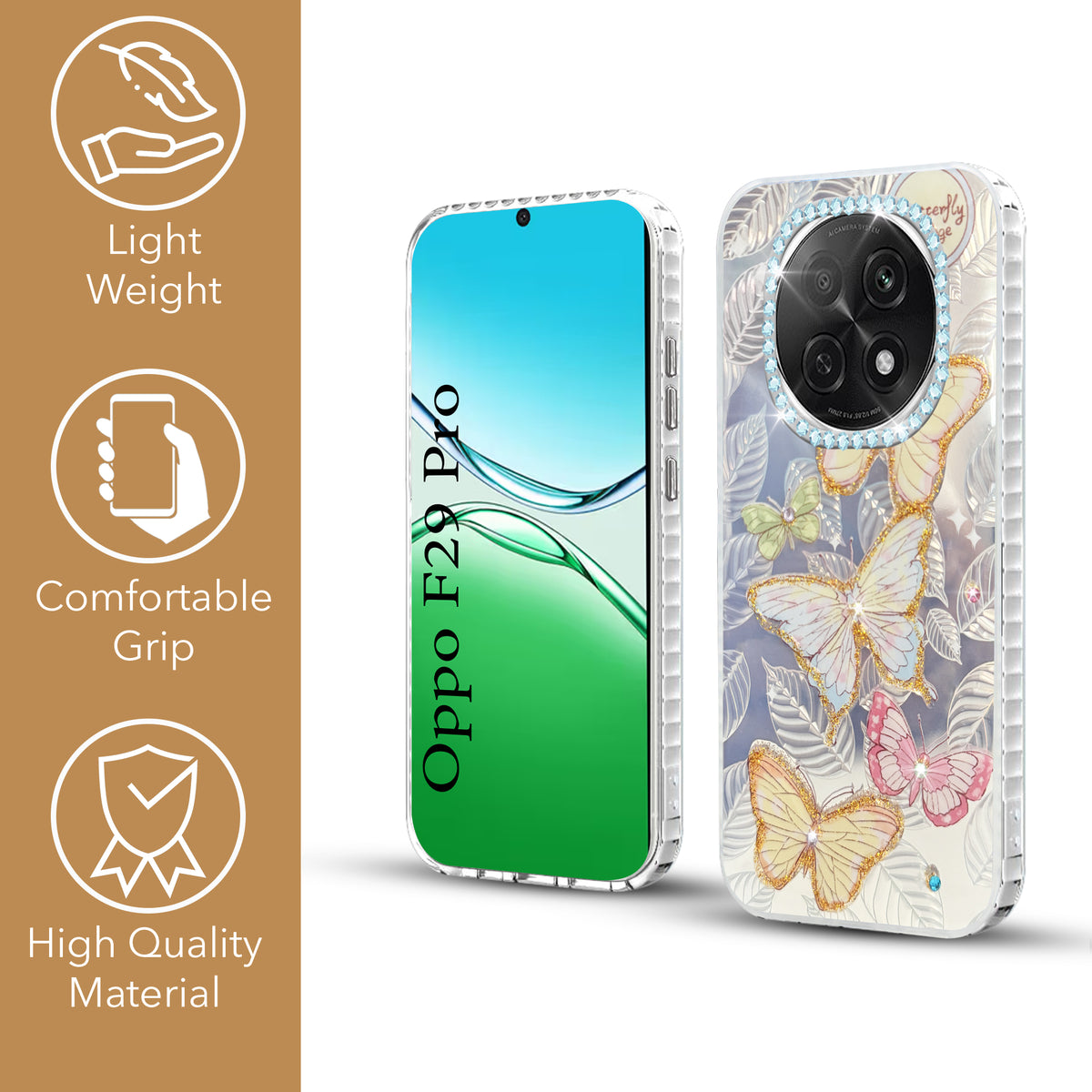 For Oppo F29 Pro Back Cover Case  (Luxury Floral Glitter Cute Butterfly | Diamond Studded Camera Bump | Girls & Women Design)