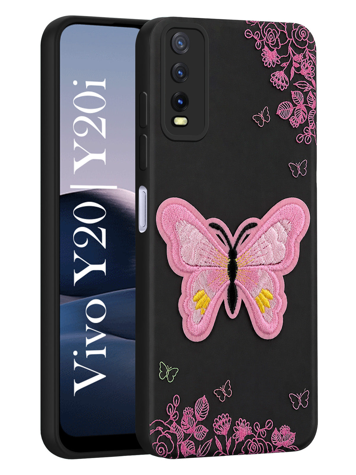 For Vivo Y20 | Y20i Back Cover Case (Soft Butterfly Embroidery | Women Teen Girls | Camera Protection| Matte Silicone)