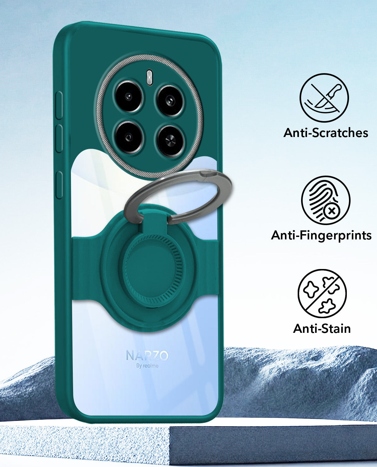 For Realme Narzo 70 5G Back Cover Case with stand (Built-in Ring Holder Kickstand | Lifetime Anti Yellow | Camera Protection)