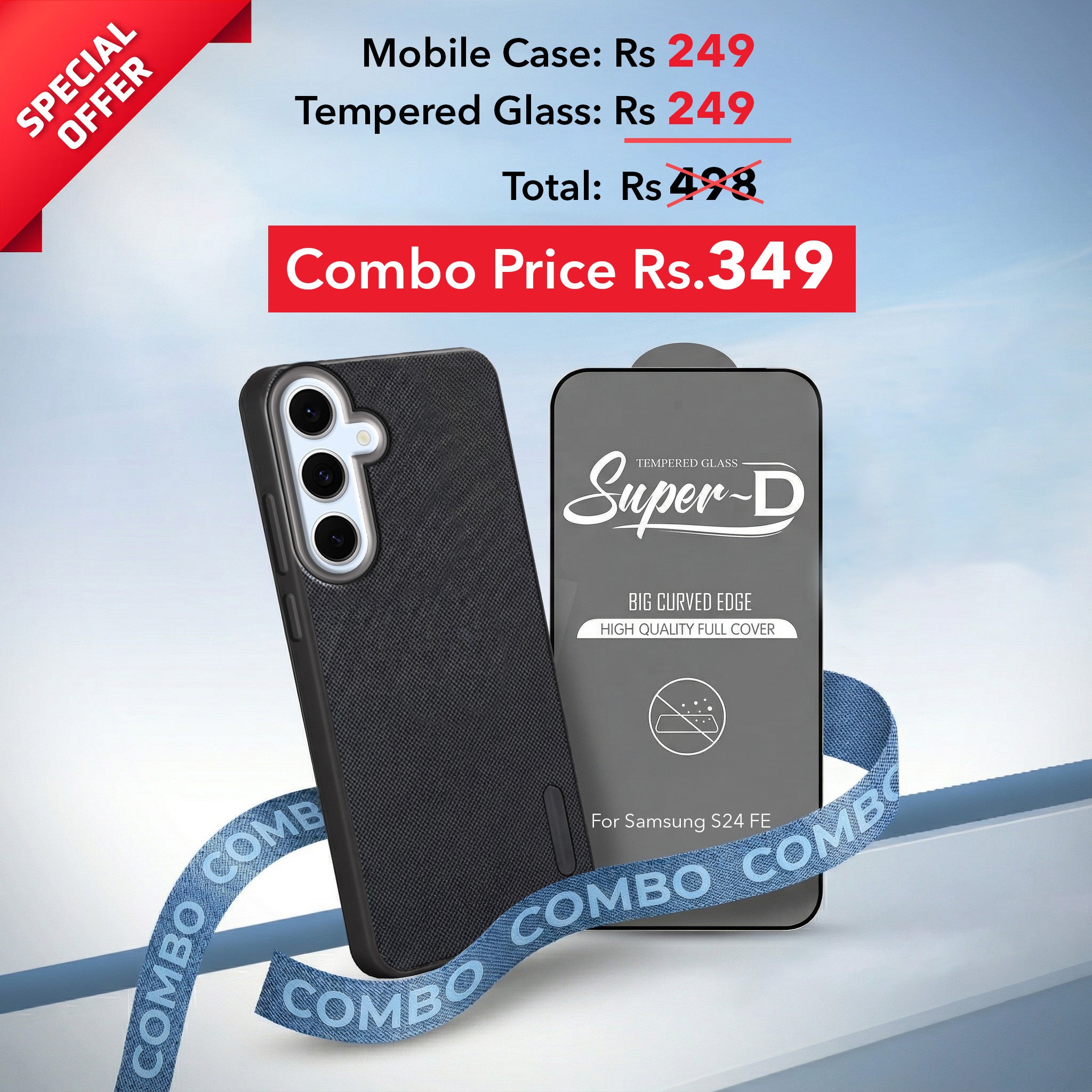 For Samsung Galaxy S24 FE Combo with Back Cover and 9H Tempered Glass (Textured Grip Design | Micro-Fiber Cloth Inside | Oleophobic Coating Screen Glass)