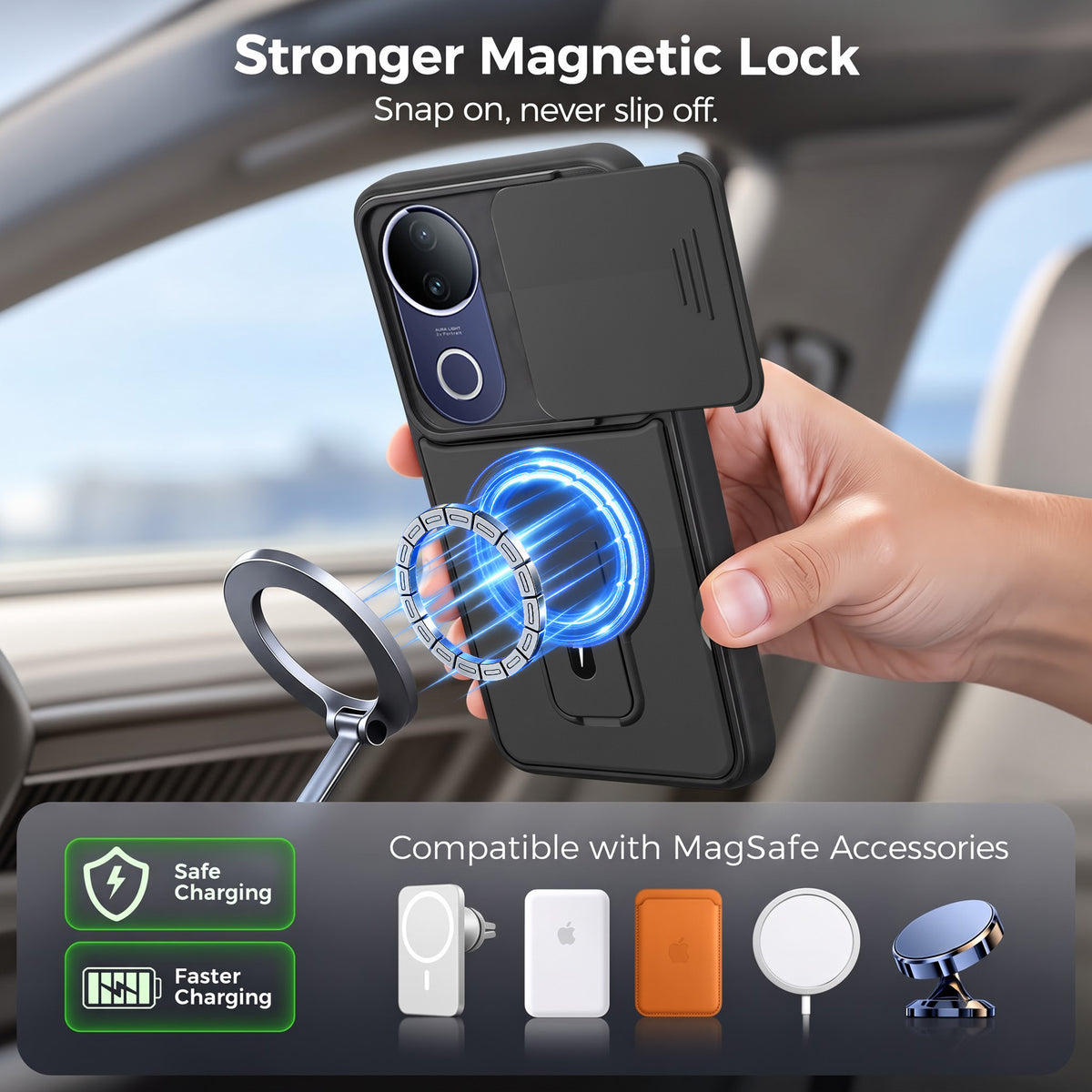 For Vivo T4R Back Case Cover Metallic (Hybrid Armor Kickstand | Sliding Shutter Camera Protection | MagSafe Compatible)