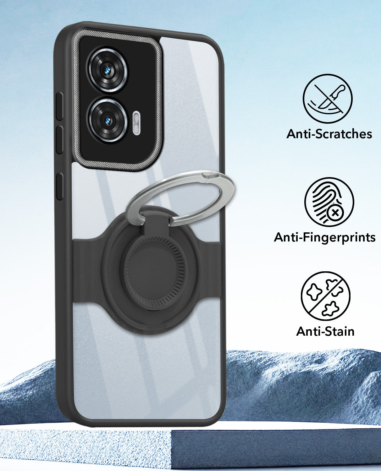 For Motorola Moto Edge 50 Fusion Back Cover Case with stand (Built-in Ring Holder Kickstand | Lifetime Anti Yellow | Camera Protection)