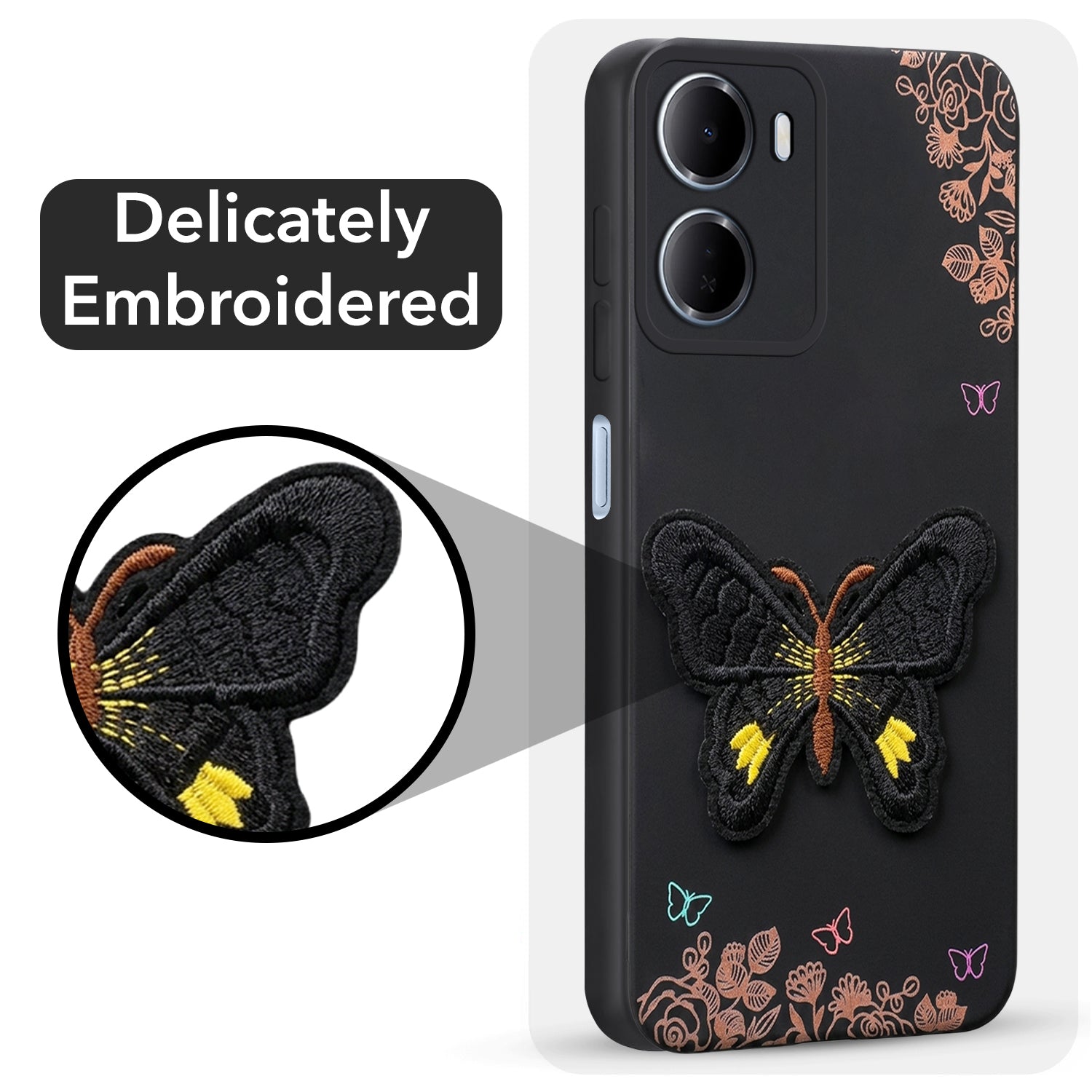 For Redmi 15A 5G Back Cover Case (Soft Butterfly Embroidery | Women Teen Girls | Camera Protection| Matte Silicone)