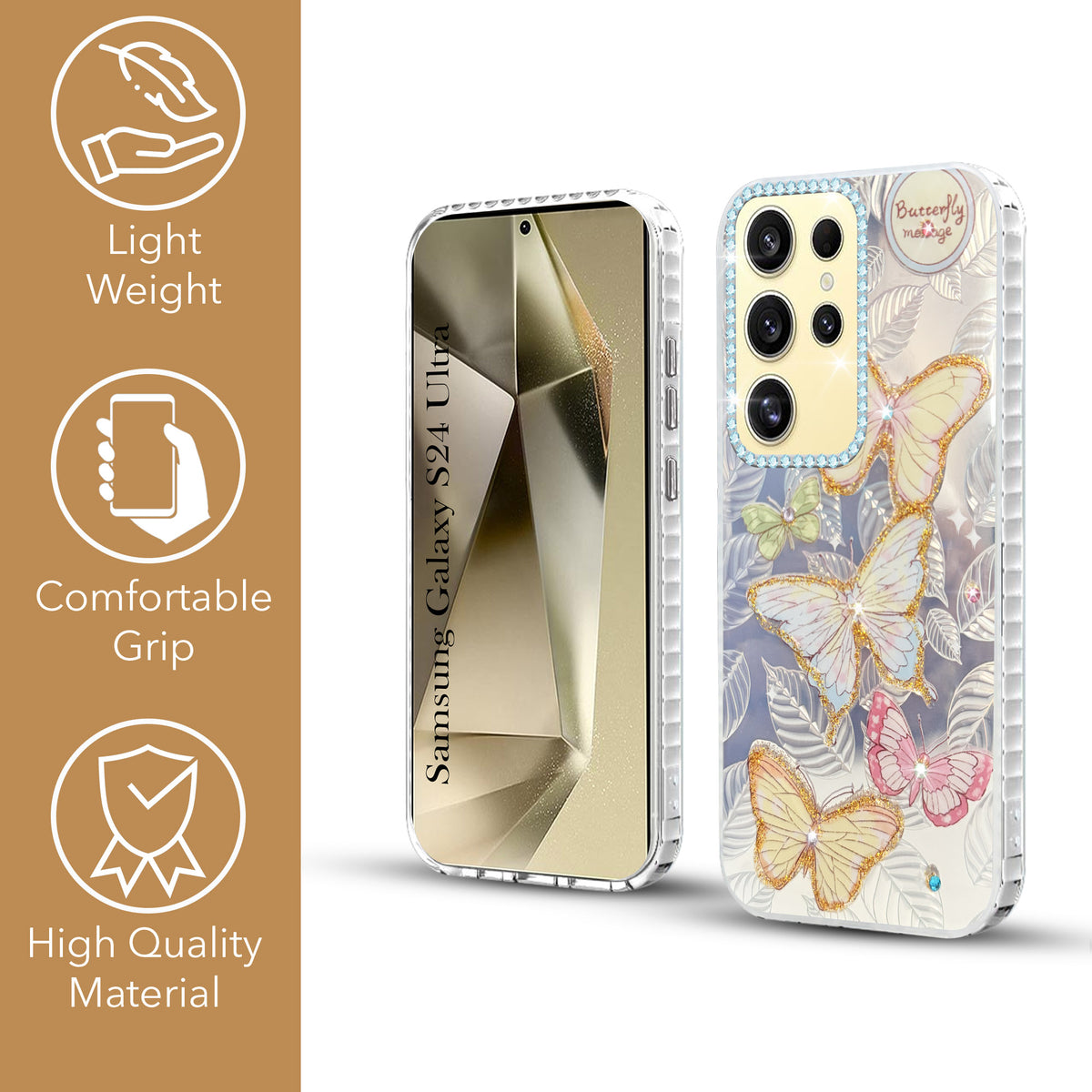 For Samsung Galaxy S24 Ultra Back Cover Case (Luxury Floral Glitter Cute Butterfly | Diamond Studded Camera Bump | Girls & Women Design)