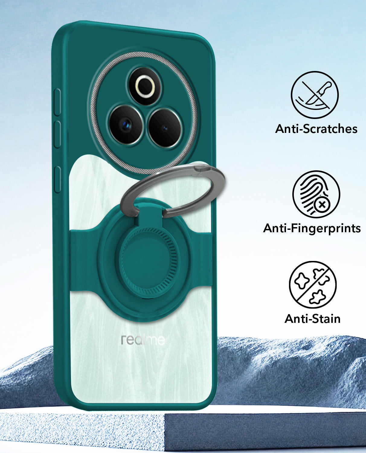 For Realme P3 Pro Back Cover Case with stand (Built-in Ring Holder Kickstand | Lifetime Anti Yellow | Camera Protection)