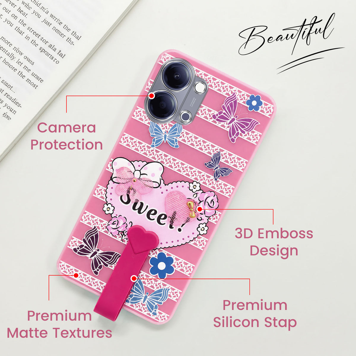 For Vivo Y05 (4G) | Vivo T5 Lite (5G) Back Cover Case (3D Cute Heart Strap Holder | Camera Protection | Designer Girls Print)
