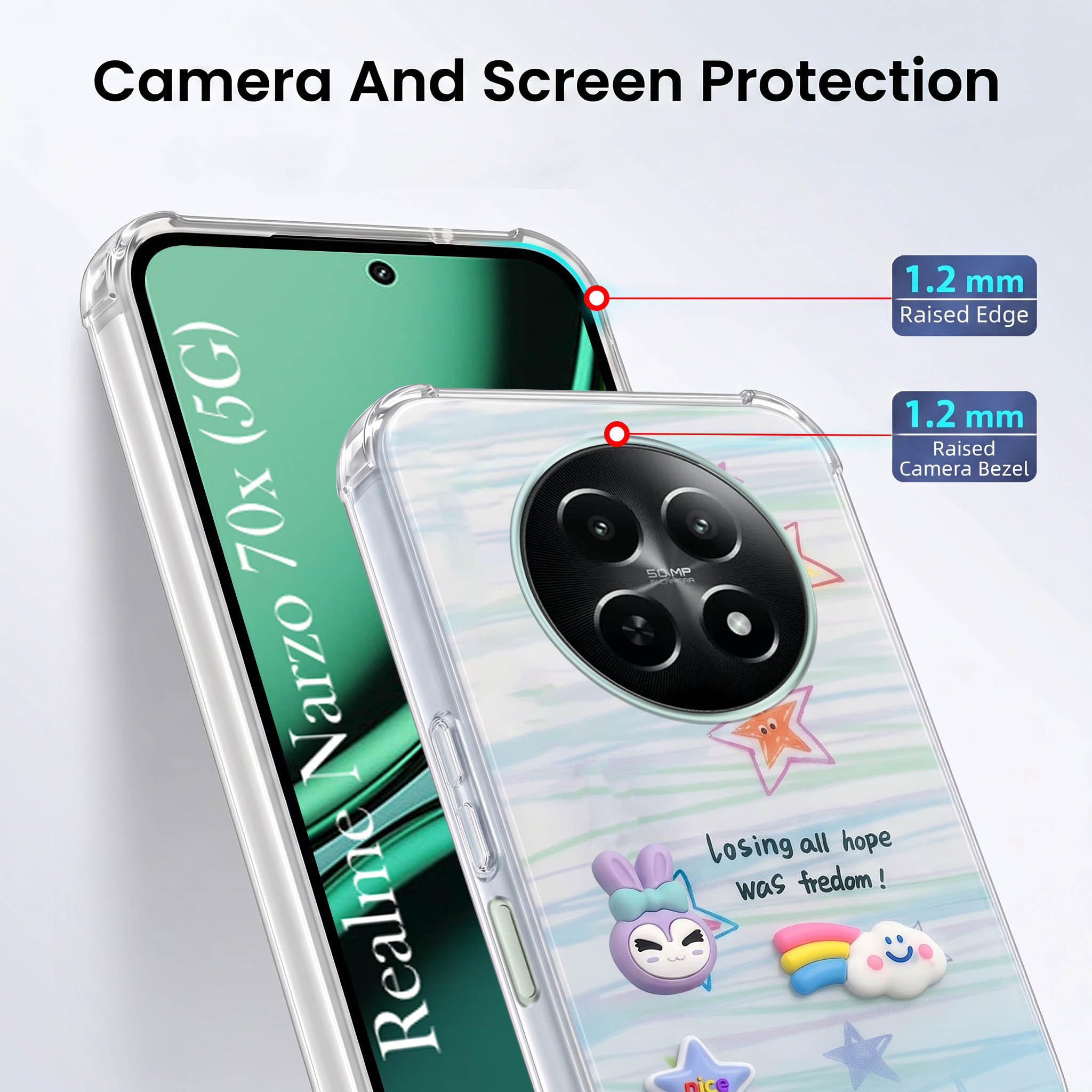 For Realme Narzo 70x 5G Back Cover Case (3D Cute Cartoons | Hard Back Side Soft | Matte Premium Finish | HD Printing)