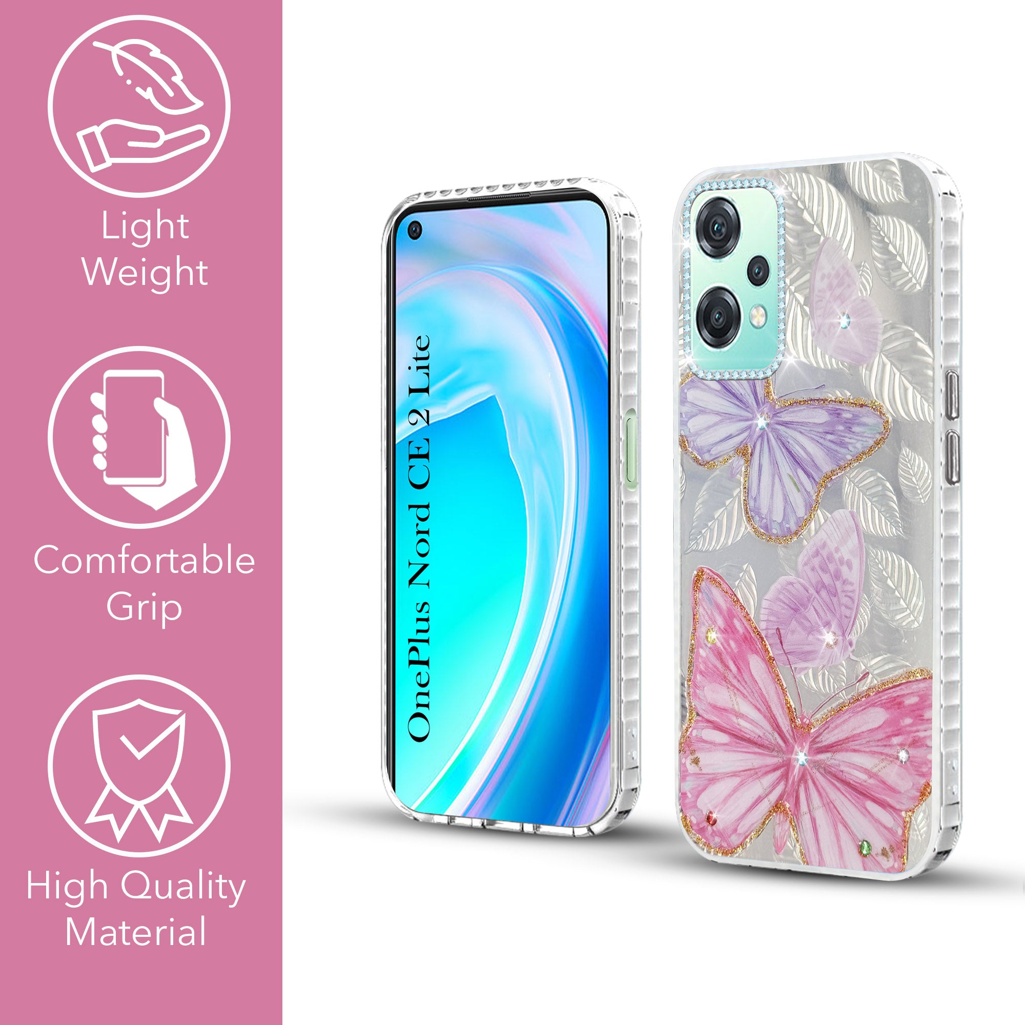 For OnePlus Nord CE 2 Lite Back Cover Case (Luxury Floral Glitter Cute Butterfly | Diamond Studded Camera Bump | Girls & Women Design)